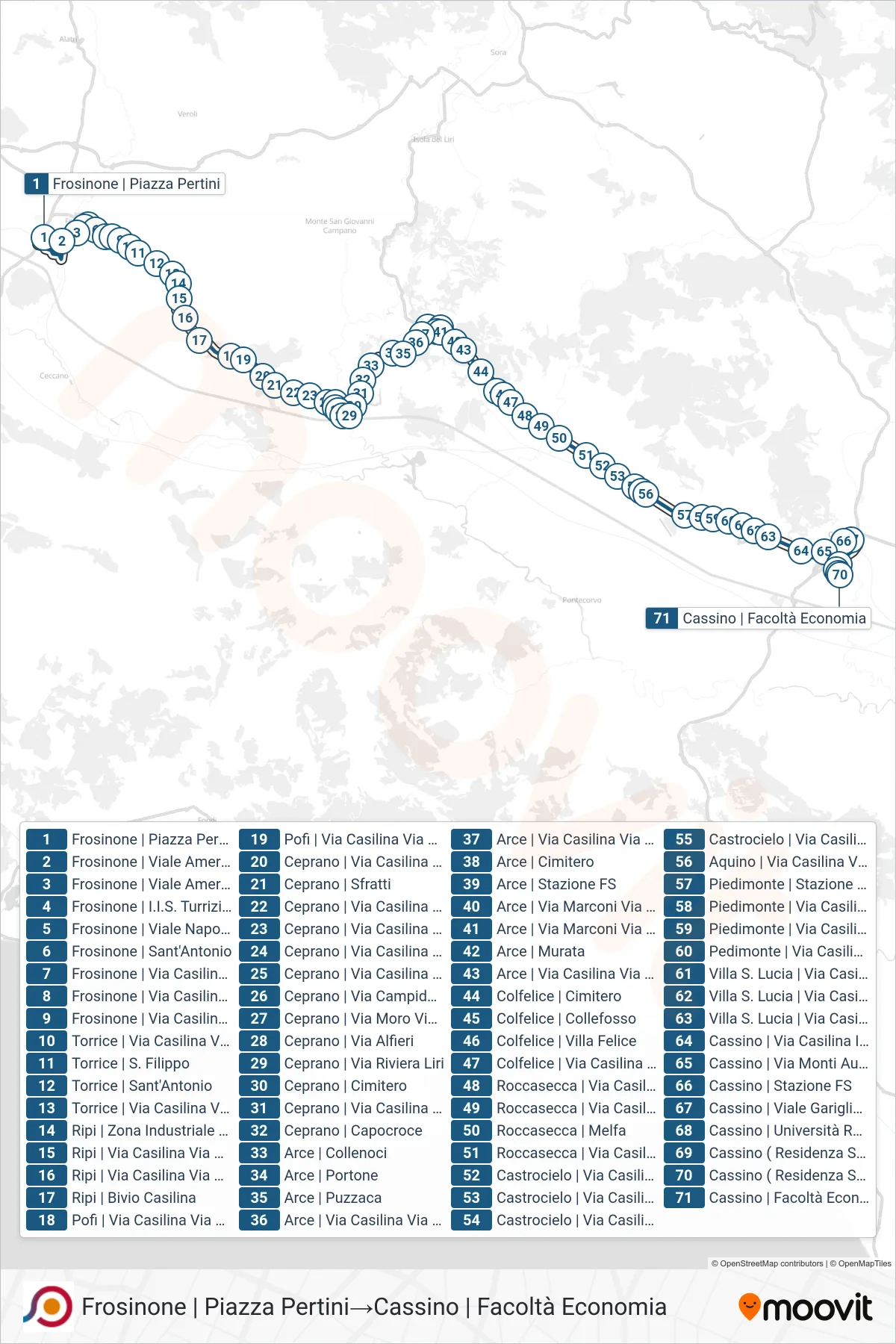 Linea COTRAL bus (Frosinone | Piazza Pertini→Cassino | Facoltà Economia) - Percorsi e fermate sulla mappa
