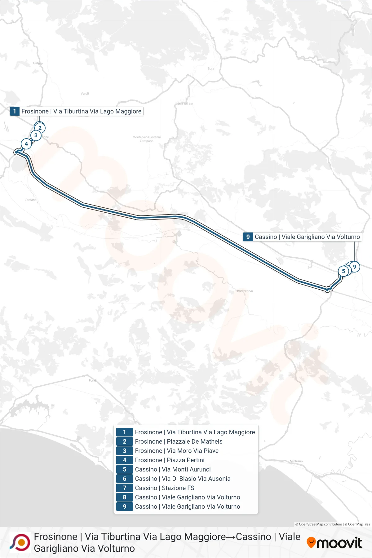 Linea COTRAL bus (Frosinone | Via Tiburtina Via Lago Maggiore→Cassino | Viale Garigliano Via Volturno) - Percorsi e fermate sulla mappa