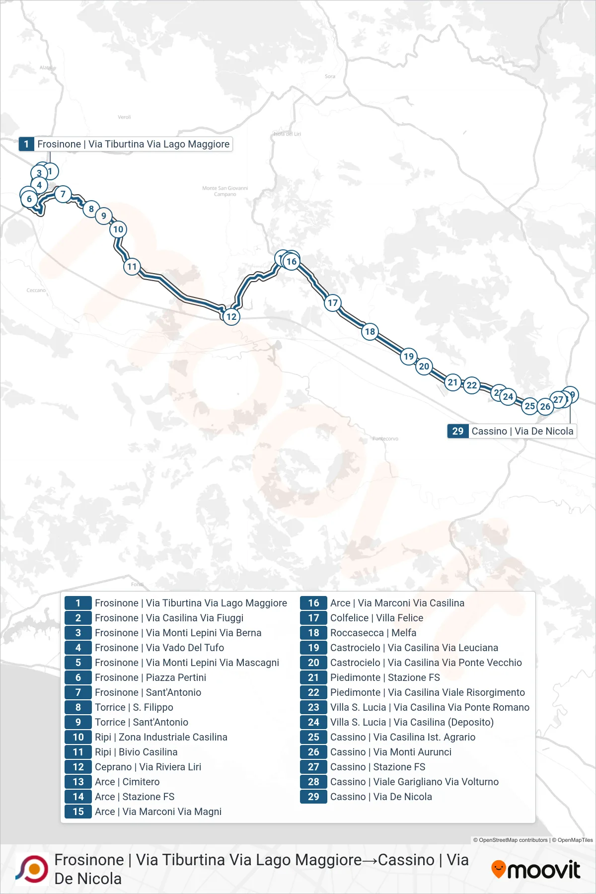 Linea COTRAL bus (Frosinone | Via Tiburtina Via Lago Maggiore→Cassino | Via De Nicola) - Percorsi e fermate sulla mappa