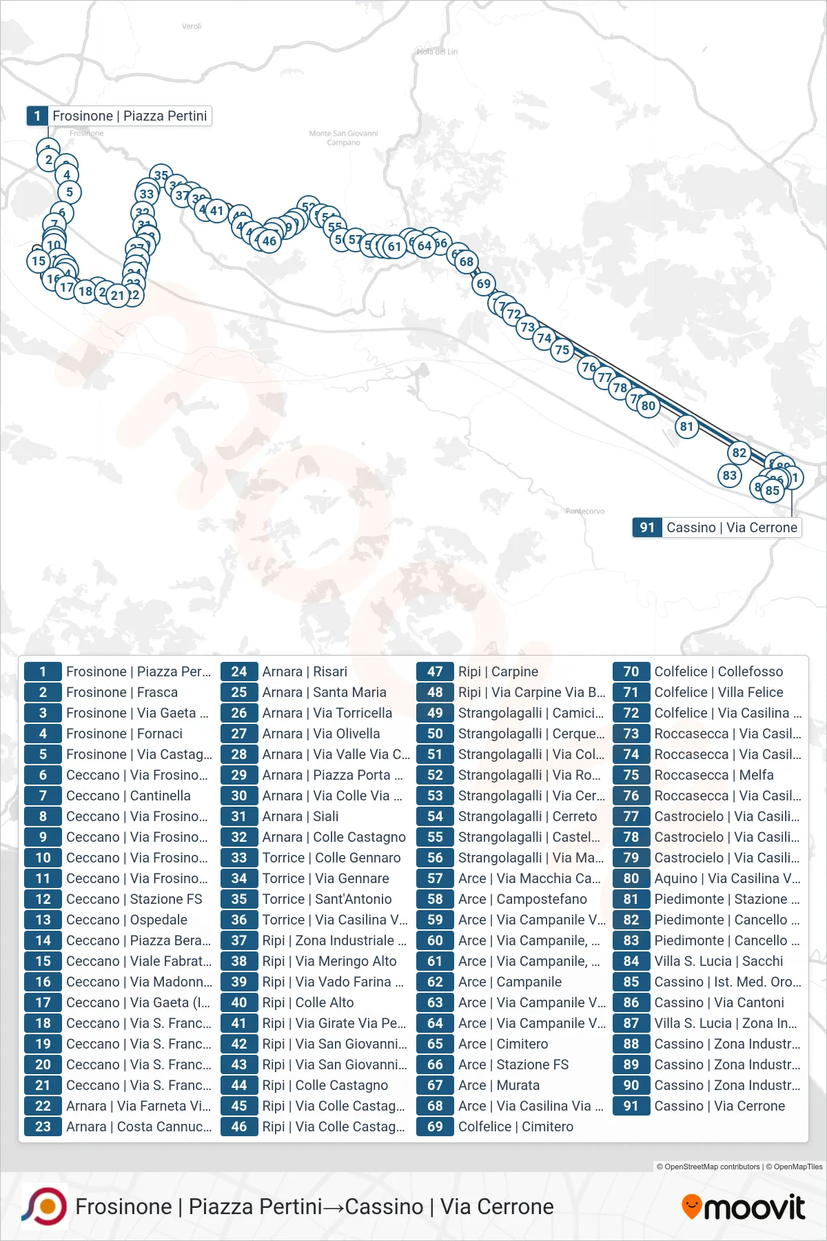 Linea COTRAL bus (Frosinone | Piazza Pertini→Cassino | Via Cerrone) - Percorsi e fermate sulla mappa