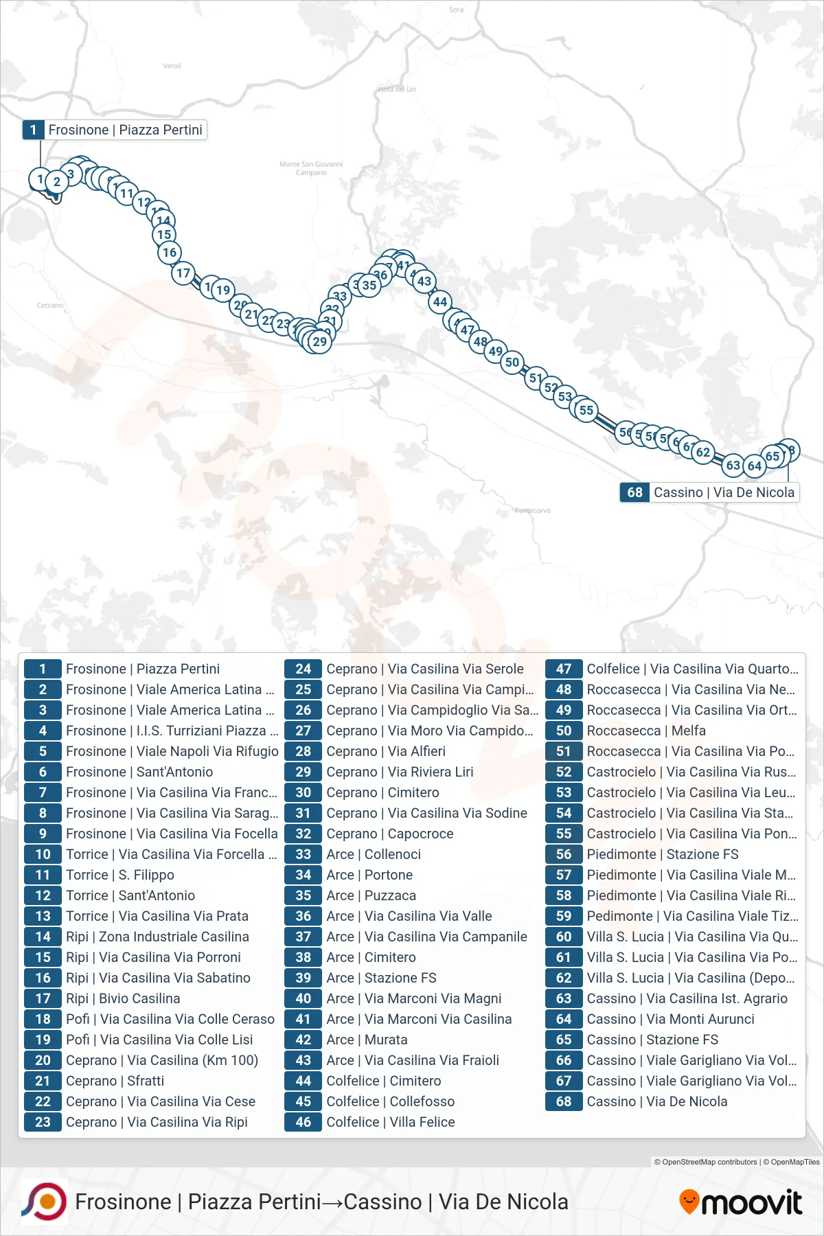 Linea COTRAL bus (Frosinone | Piazza Pertini→Cassino | Via De Nicola) - Percorsi e fermate sulla mappa