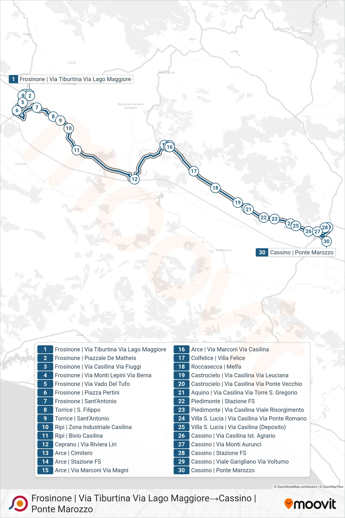 Linea COTRAL bus (Frosinone | Via Tiburtina Via Lago Maggiore→Cassino | Ponte Marozzo) - Percorsi e fermate sulla mappa