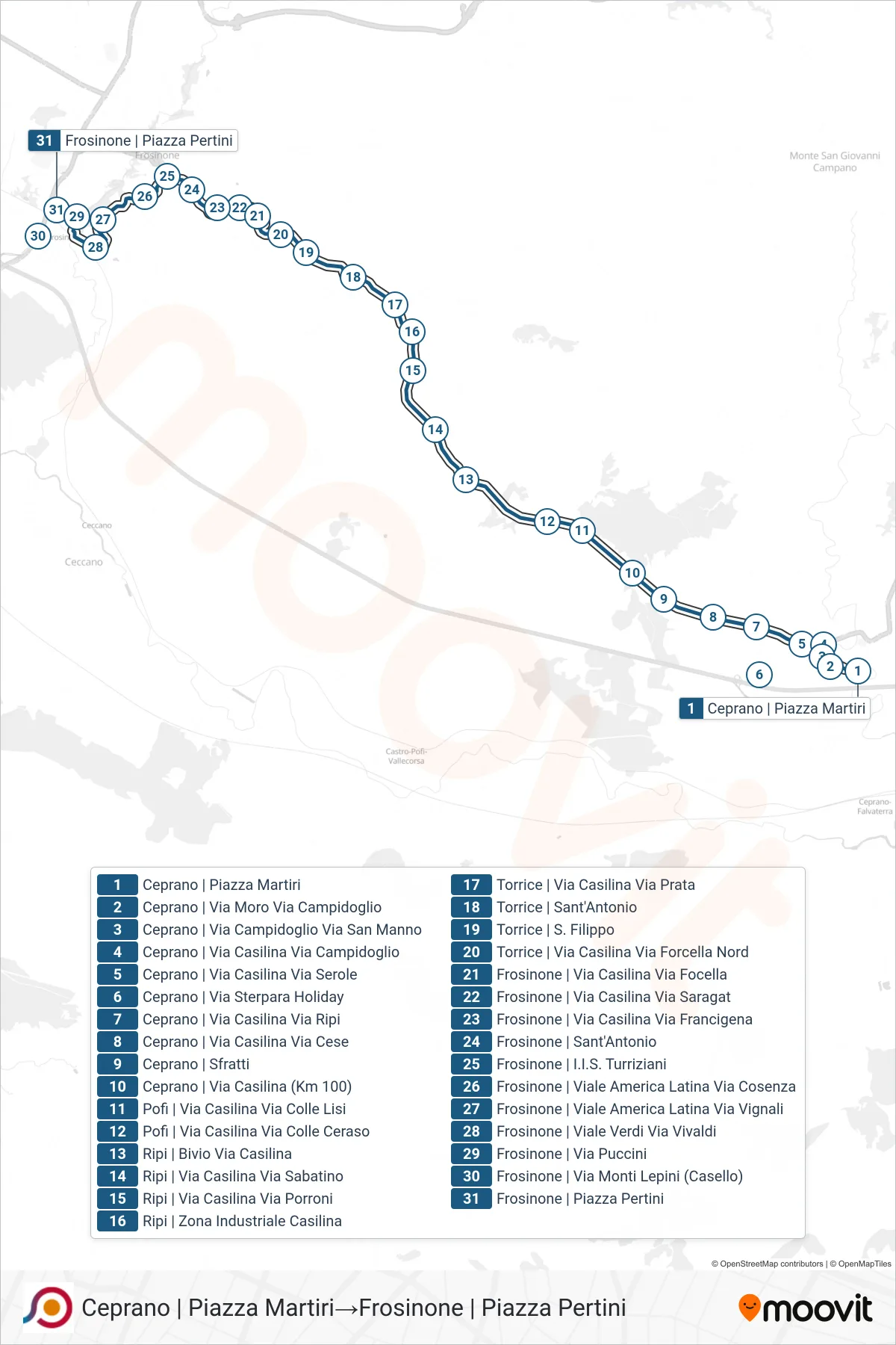 Linea COTRAL bus (Ceprano | Piazza Martiri→Frosinone | Piazza Pertini) - Percorsi e fermate sulla mappa