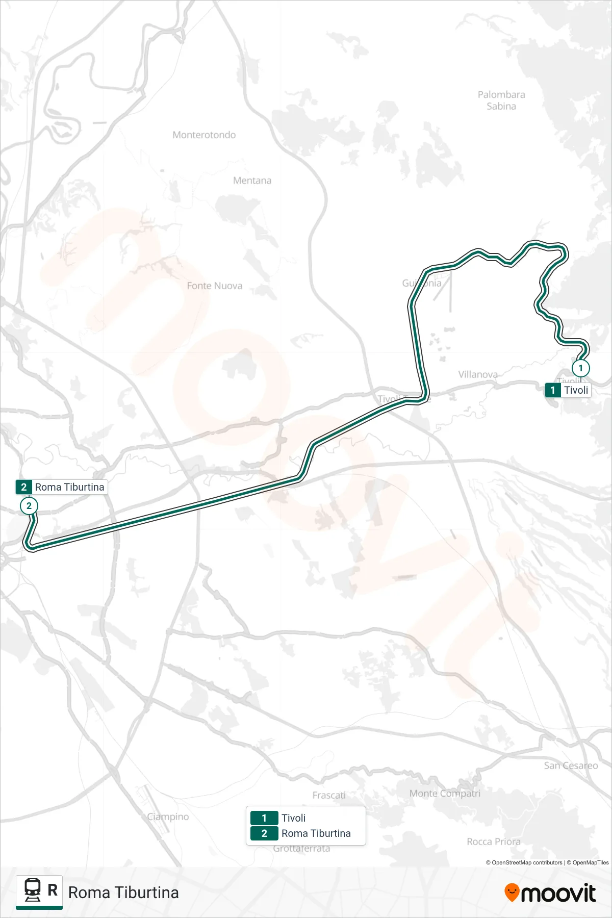 Linea R treno (Roma Tiburtina) - Percorsi e fermate sulla mappa