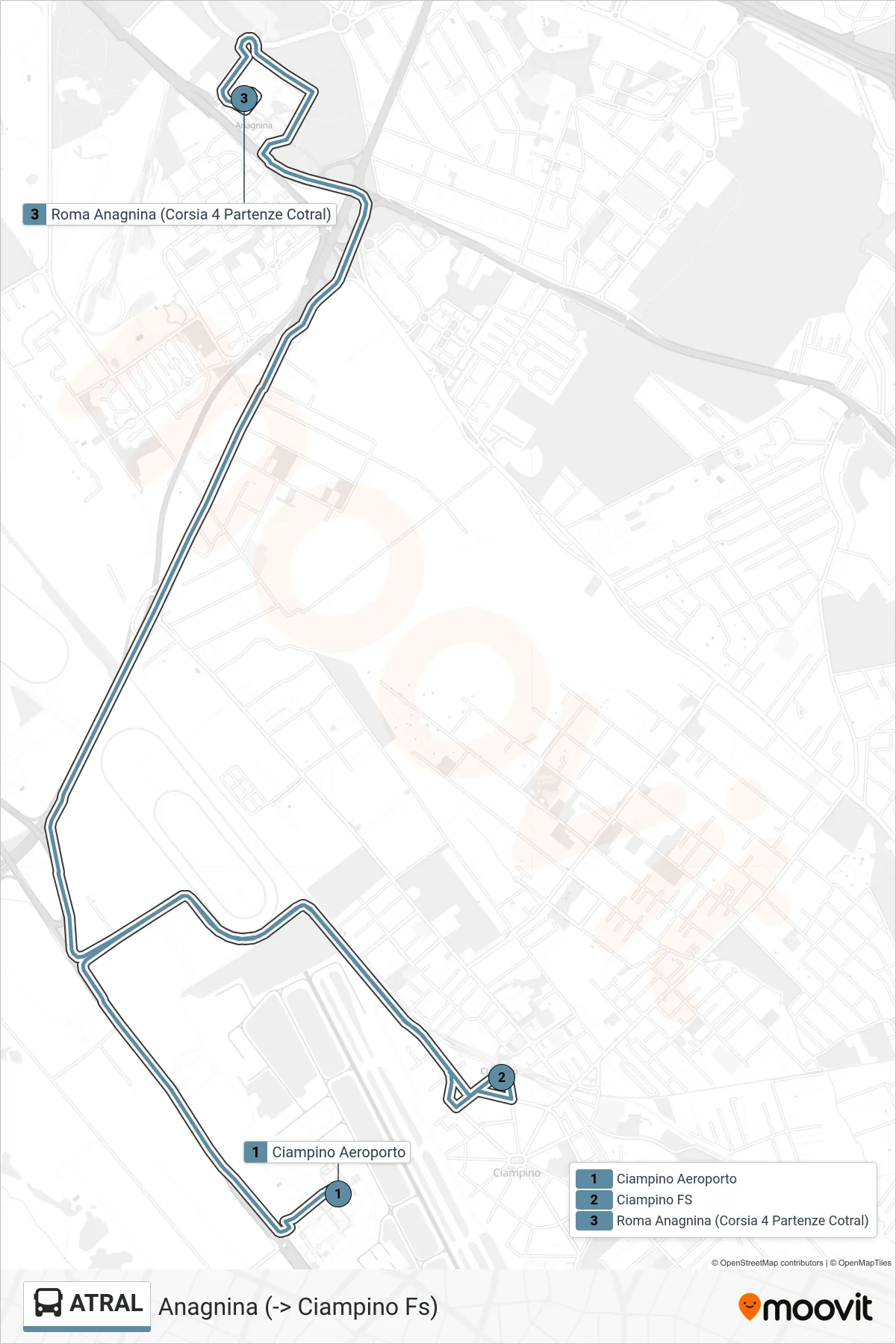 Linea ATRAL bus (Anagnina (-> Ciampino Fs)) - Percorsi e fermate sulla mappa