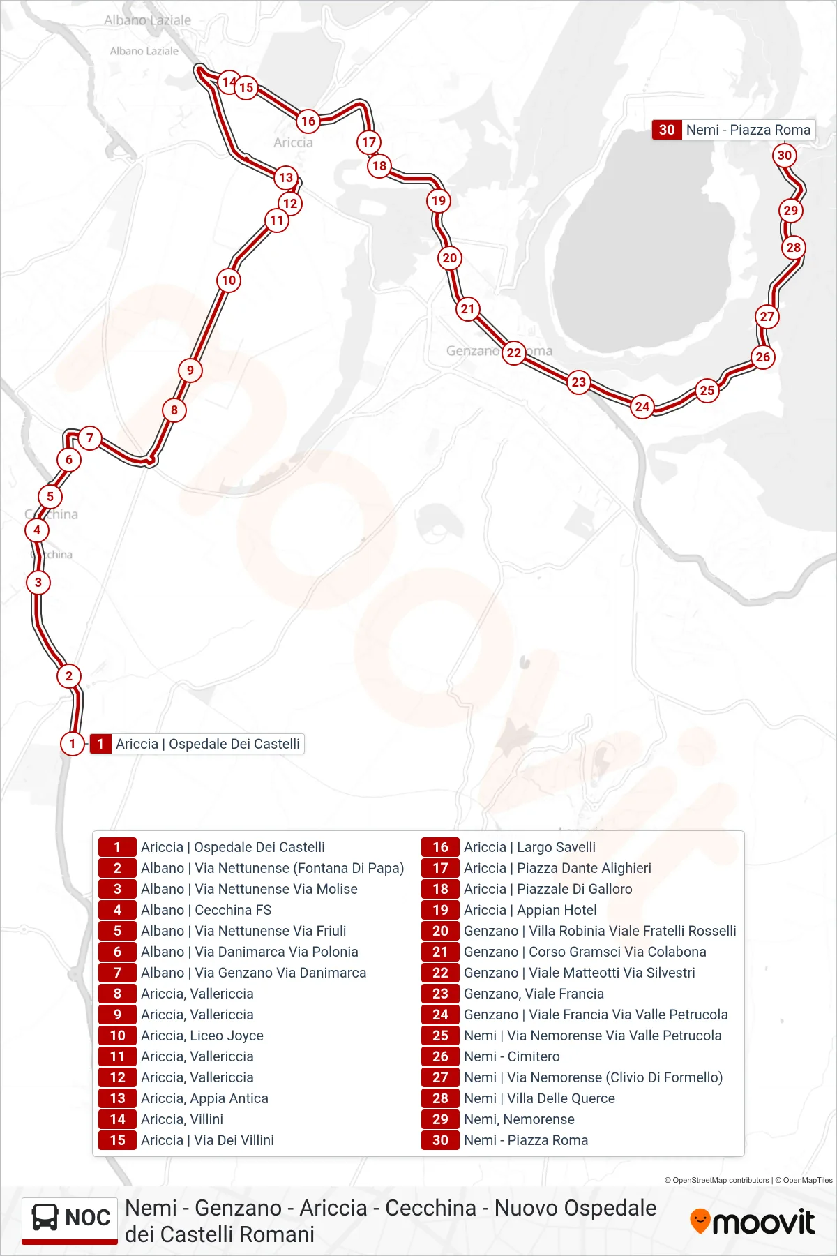 NOC bus Line (Nemi) route and stops on a map