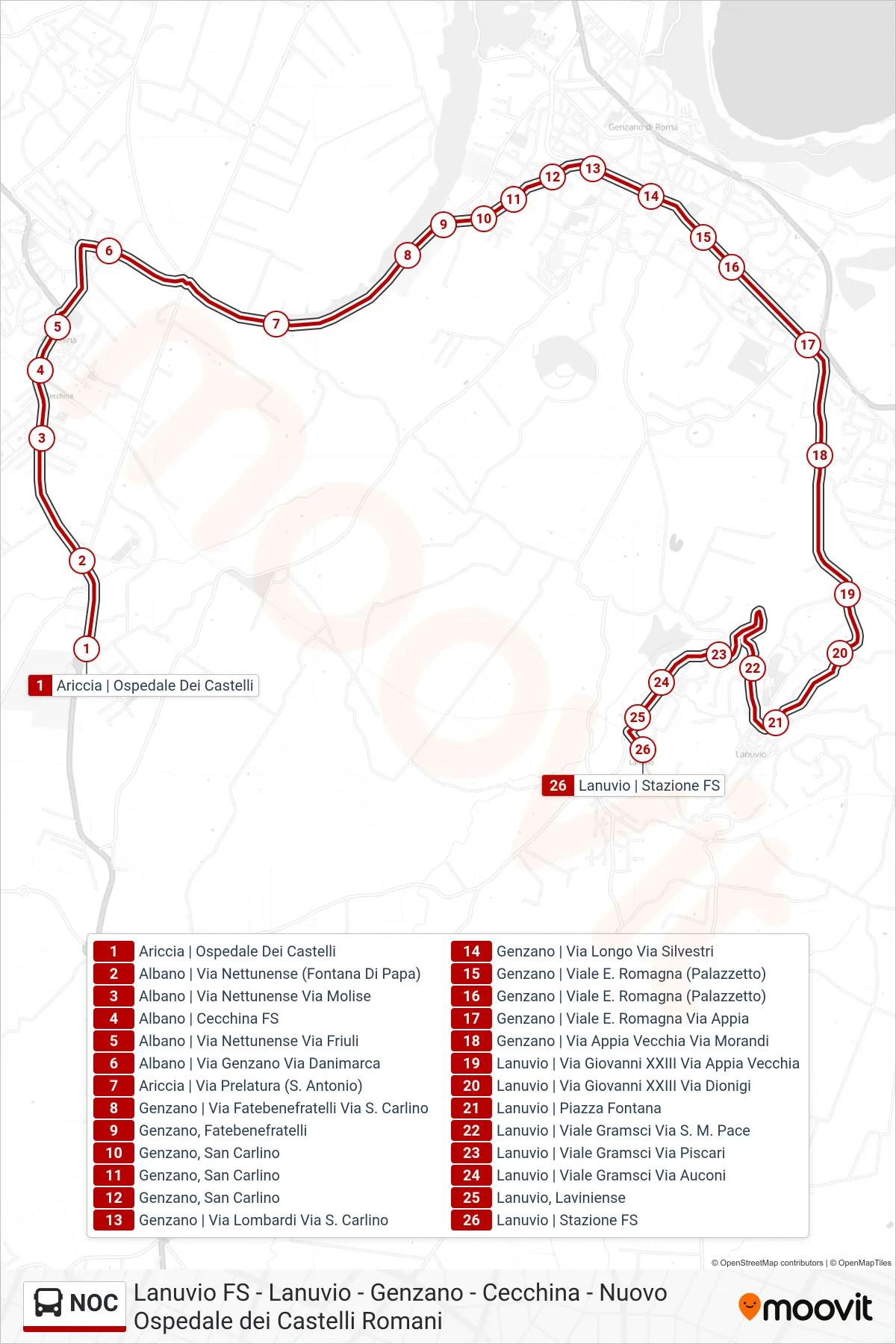 Linea NOC bus (Lanuvio FS) - Percorsi e fermate sulla mappa