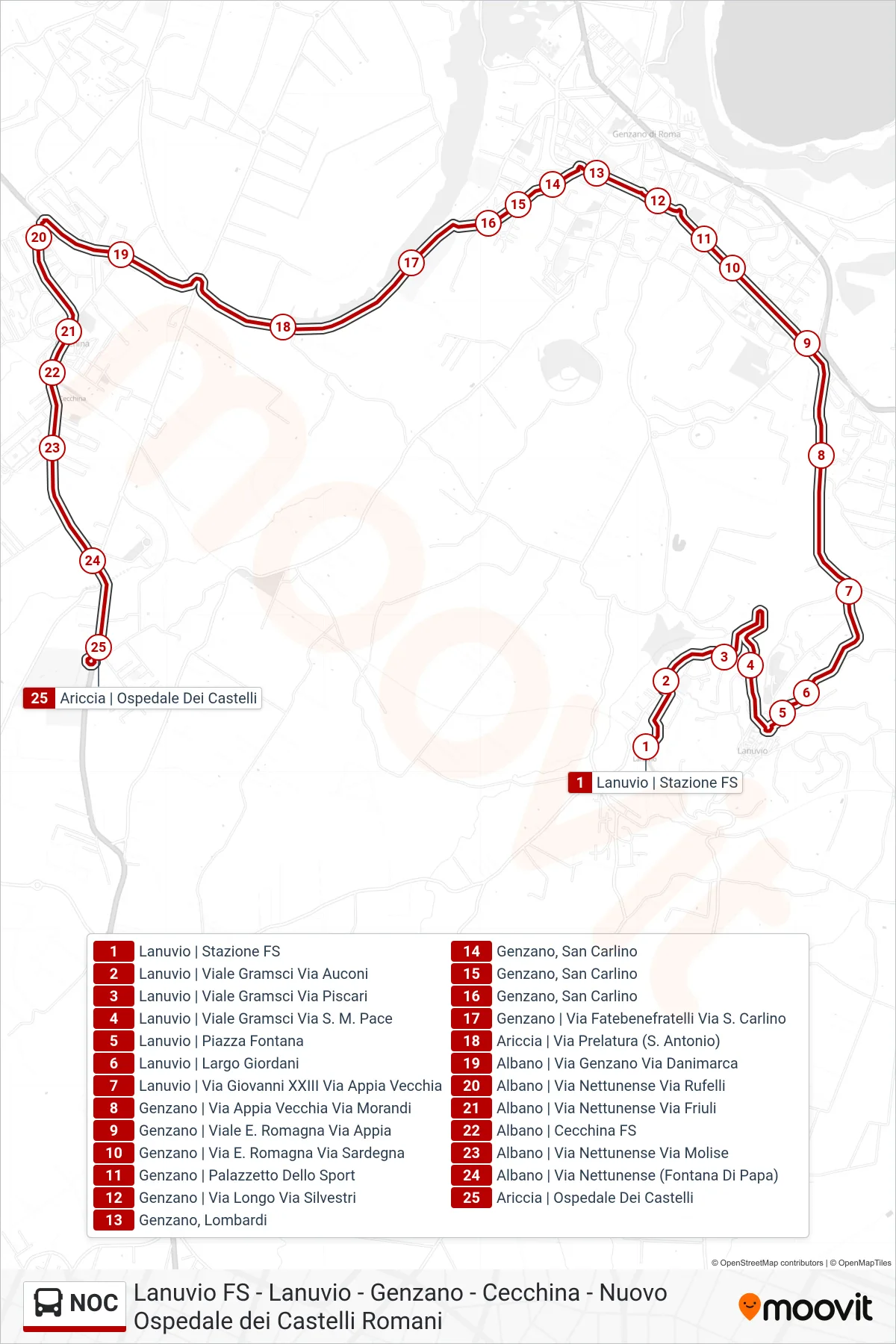 NOC bus Line (New Roman Castles Hospital) route and stops on a map