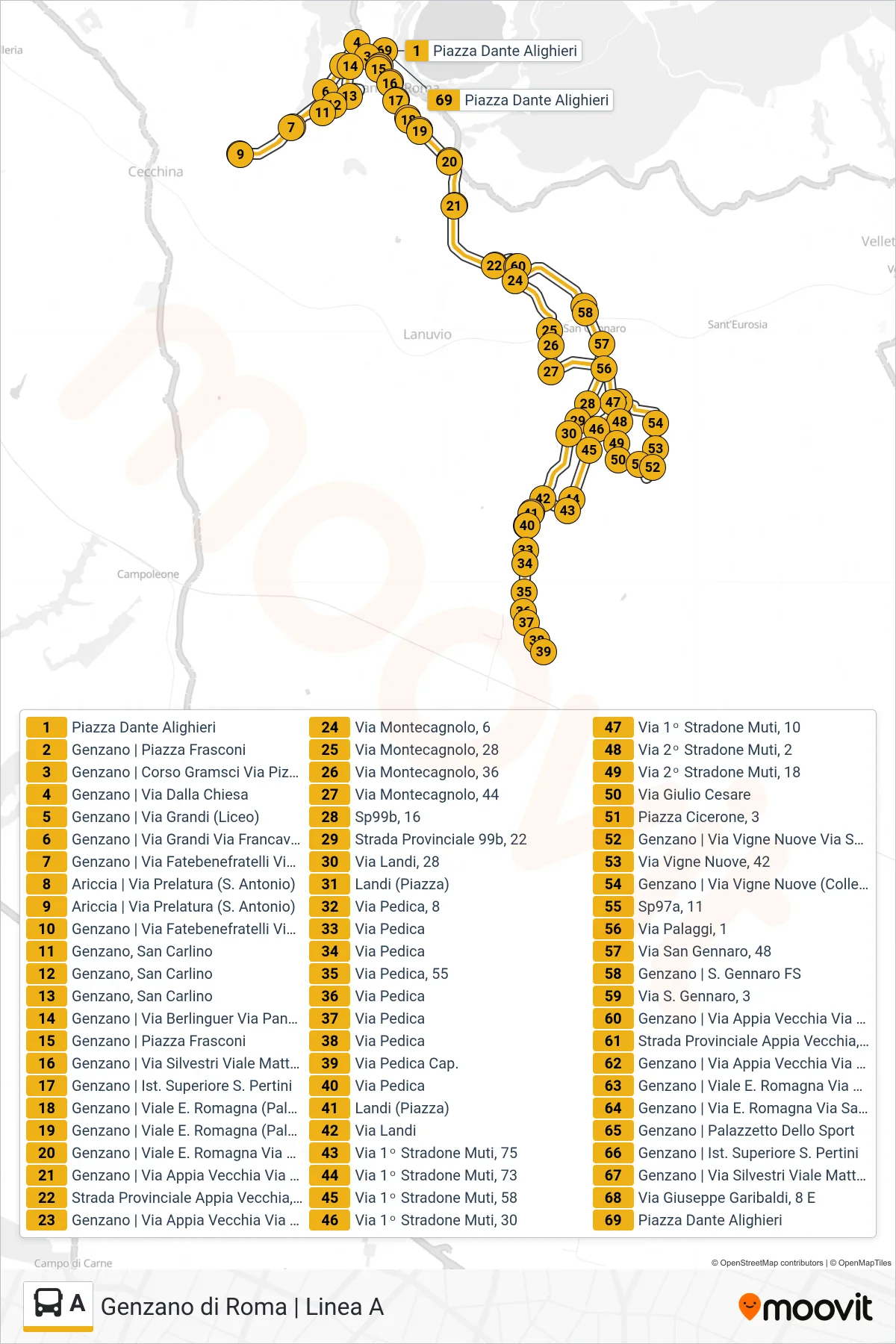 Linea A bus (Landi/Pedica - Genzano) - Percorsi e fermate sulla mappa