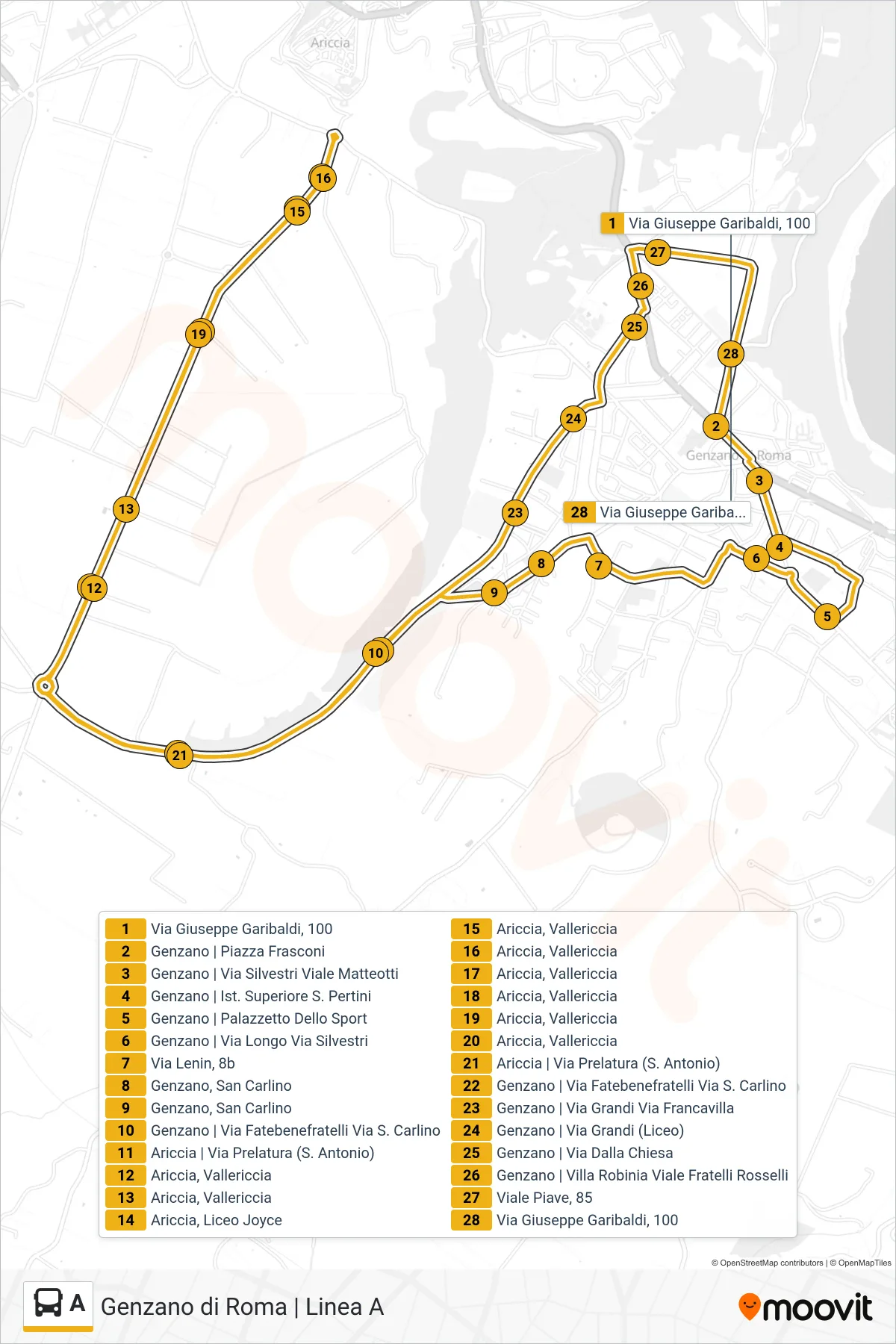 A bus Line (Vallericcia - Genzano) route and stops on a map