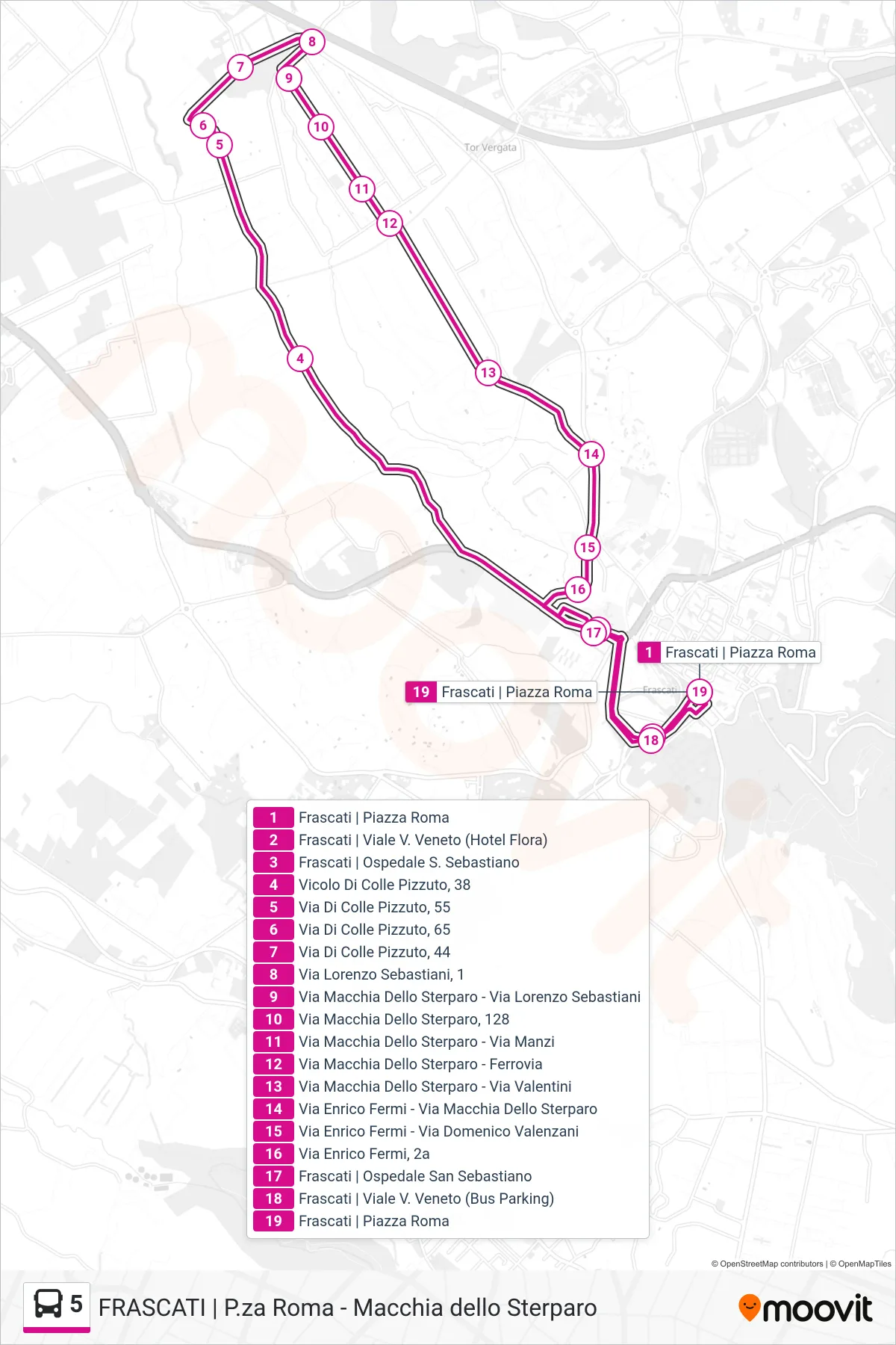 5 bus Line (Piazza Roma) route and stops on a map