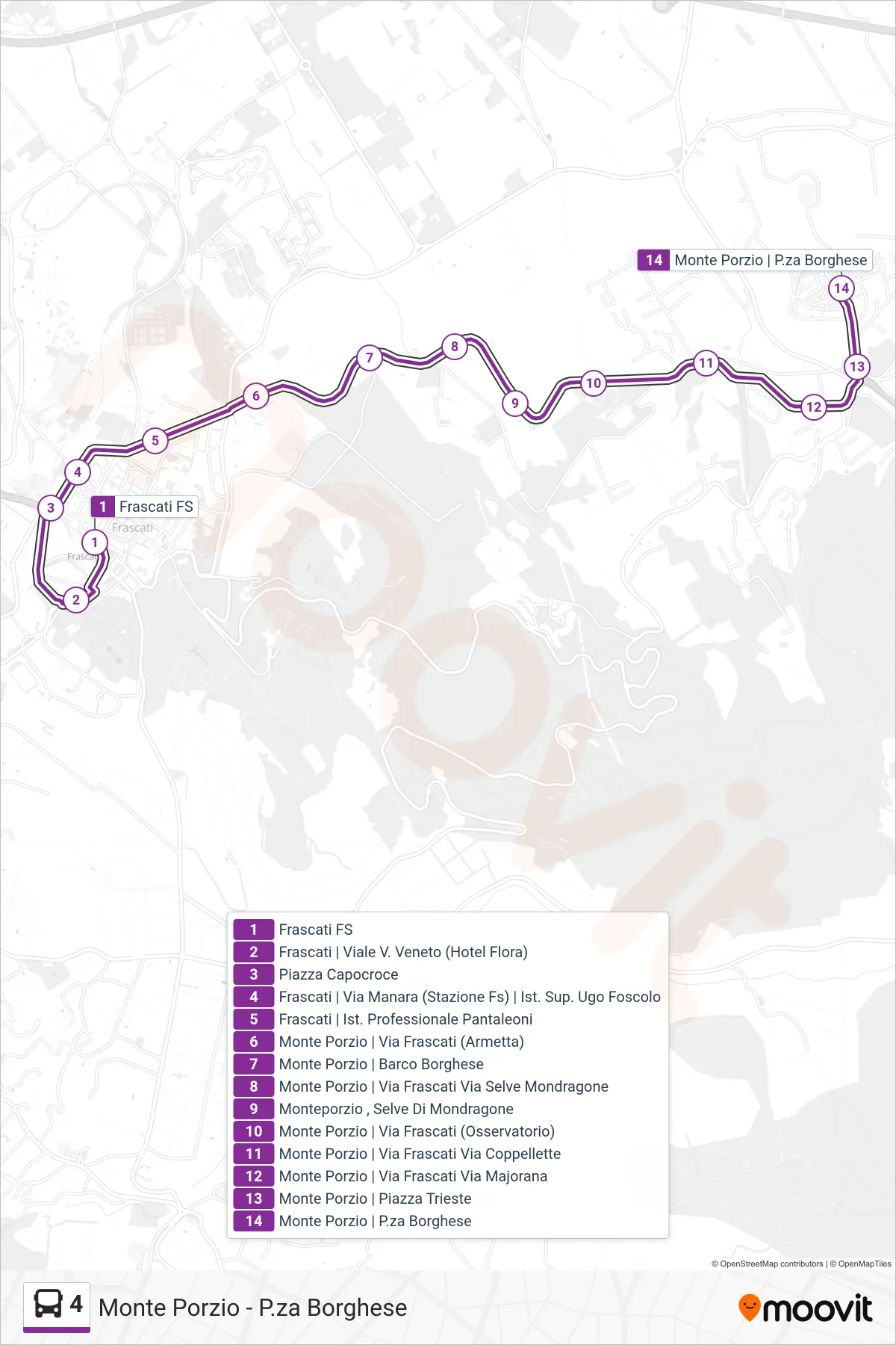 Linea 4 bus (Monte Porzio - P.za Borghese) - Percorsi e fermate sulla mappa
