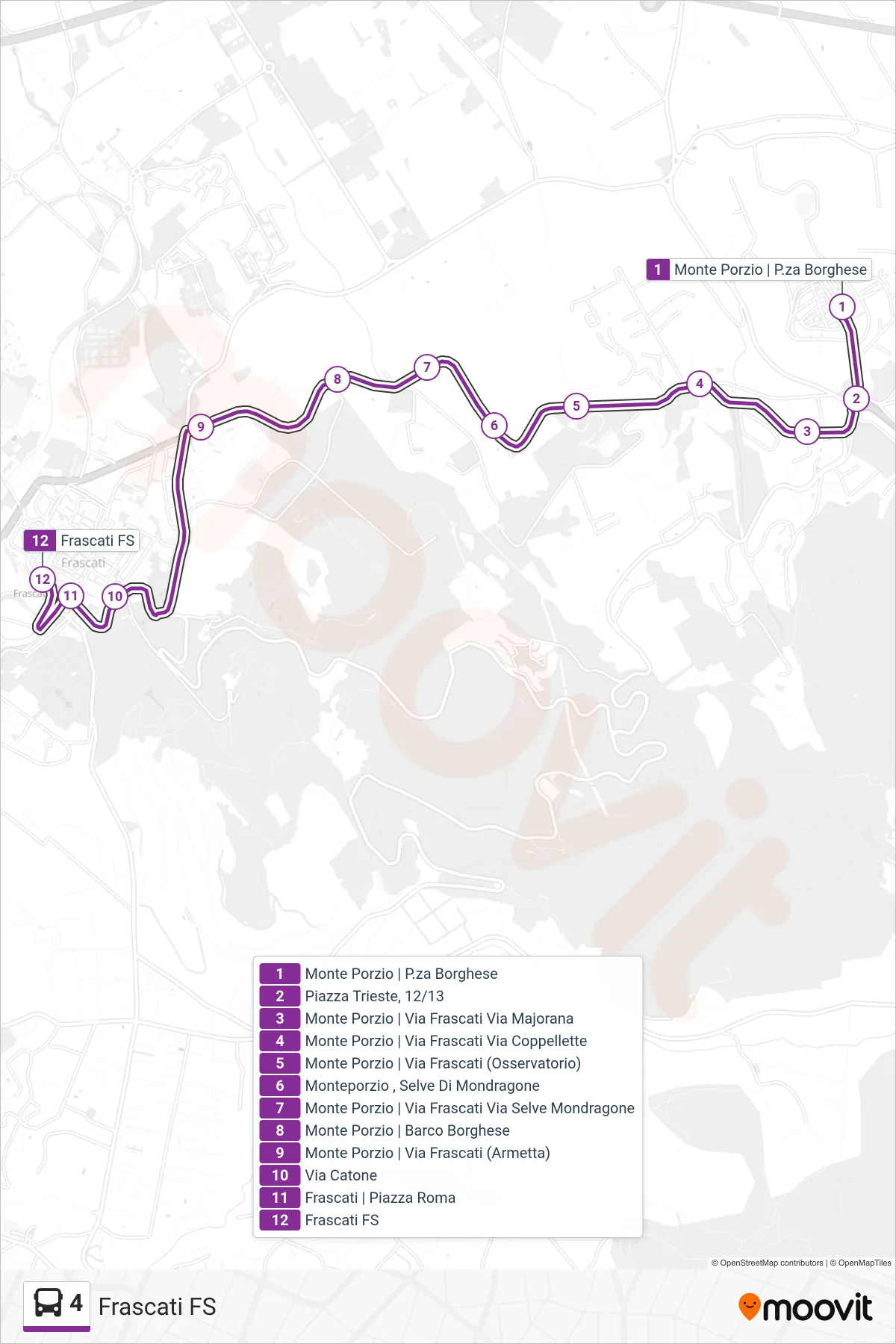 Linea 4 bus (Frascati FS) - Percorsi e fermate sulla mappa