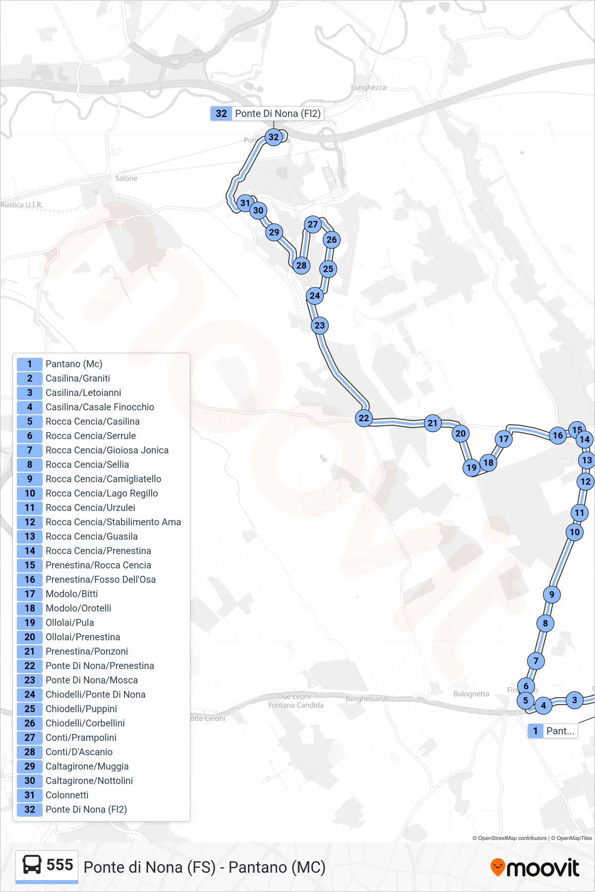 Linea 555 bus (Ponte Di Nona (Fl2)) - Percorsi e fermate sulla mappa