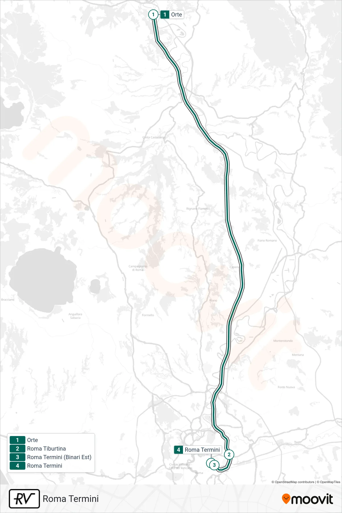 Linea RV treno (Roma Termini) - Percorsi e fermate sulla mappa