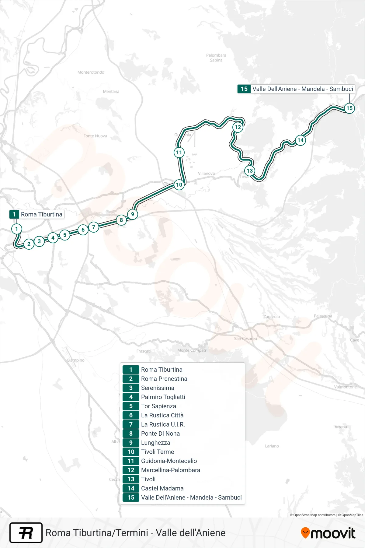 Linea R treno (Valle Dell'Aniene) - Percorsi e fermate sulla mappa