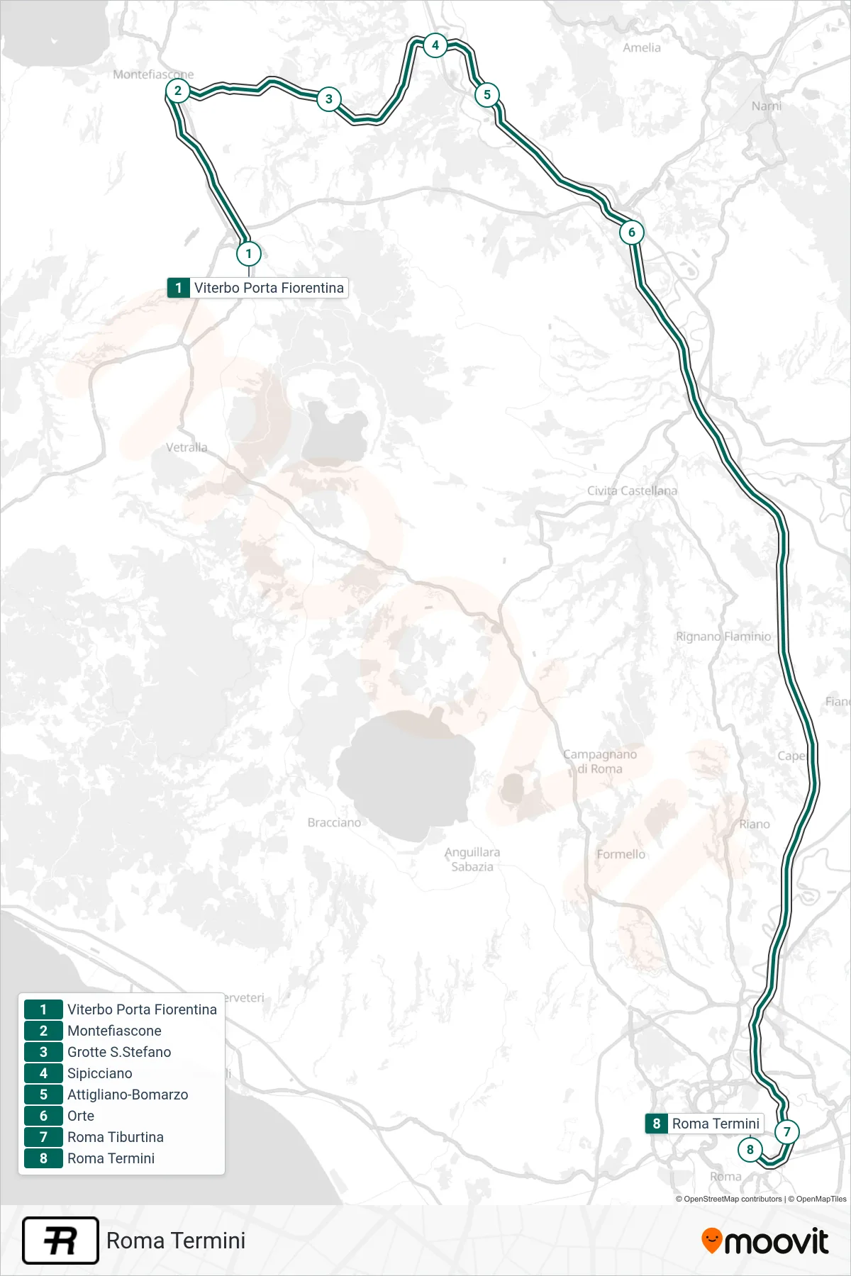 Linea R treno (Roma Termini) - Percorsi e fermate sulla mappa