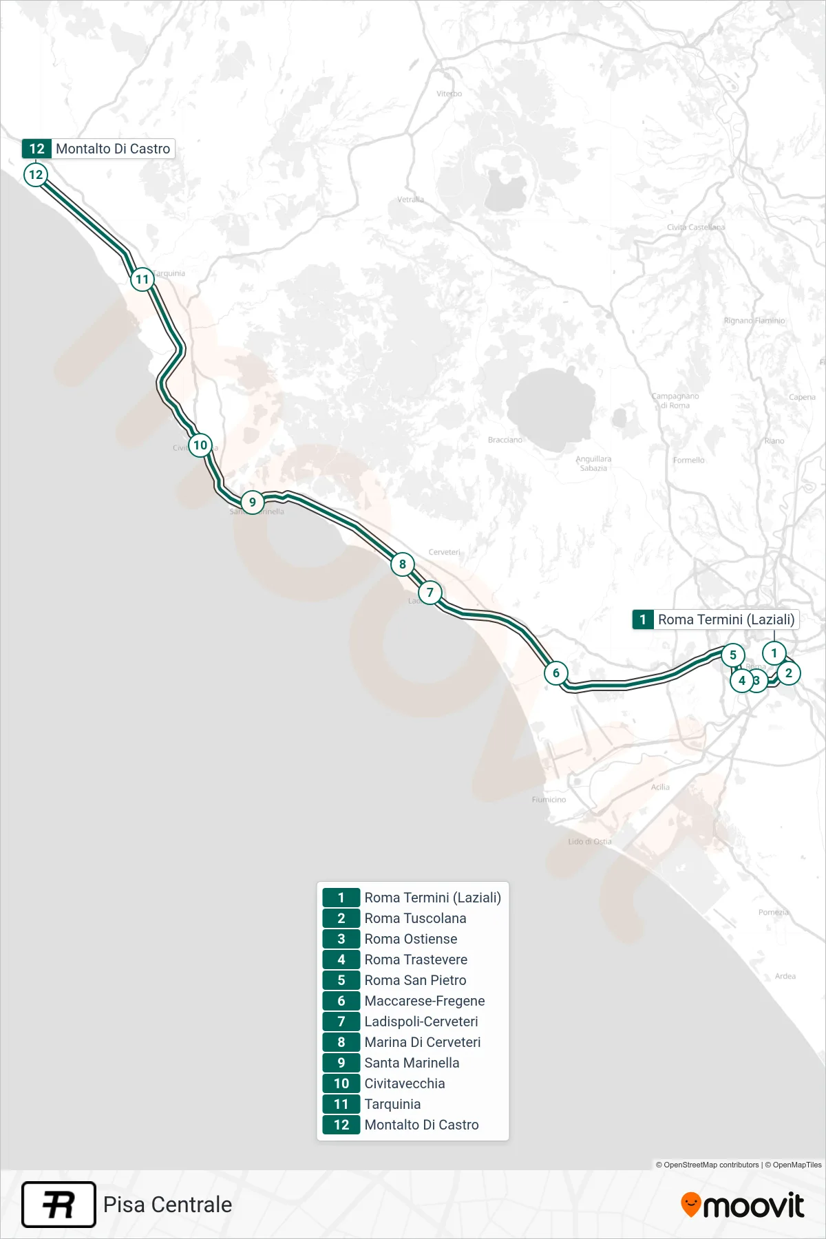 Linea R treno (Pisa Centrale) - Percorsi e fermate sulla mappa