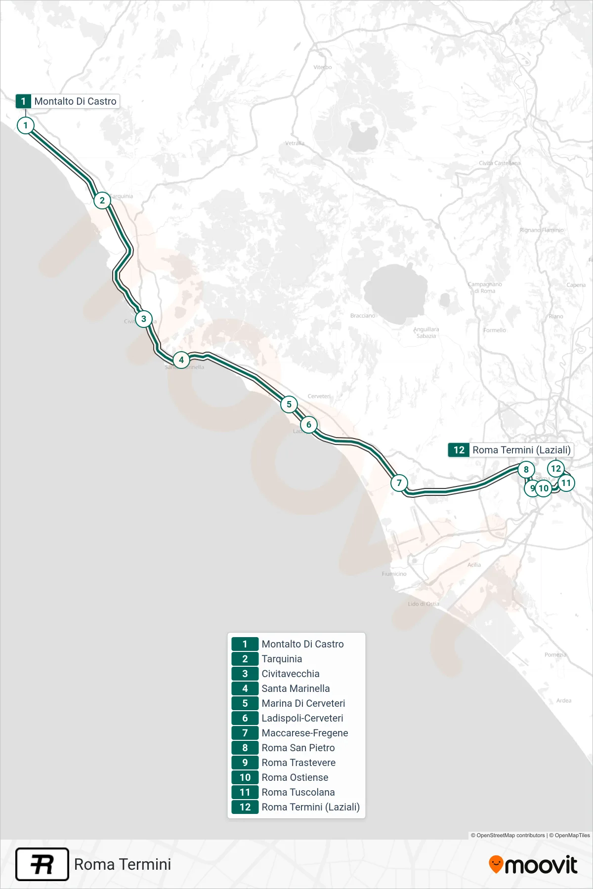 Linea R treno (Roma Termini) - Percorsi e fermate sulla mappa