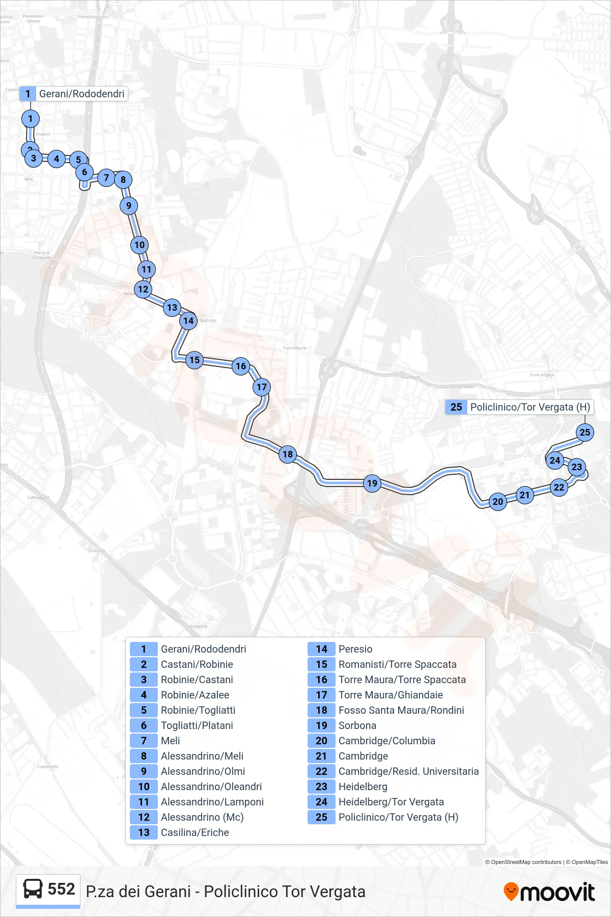 Linea 552 bus (Policlinico/Tor Vergata (H)) - Percorsi e fermate sulla mappa