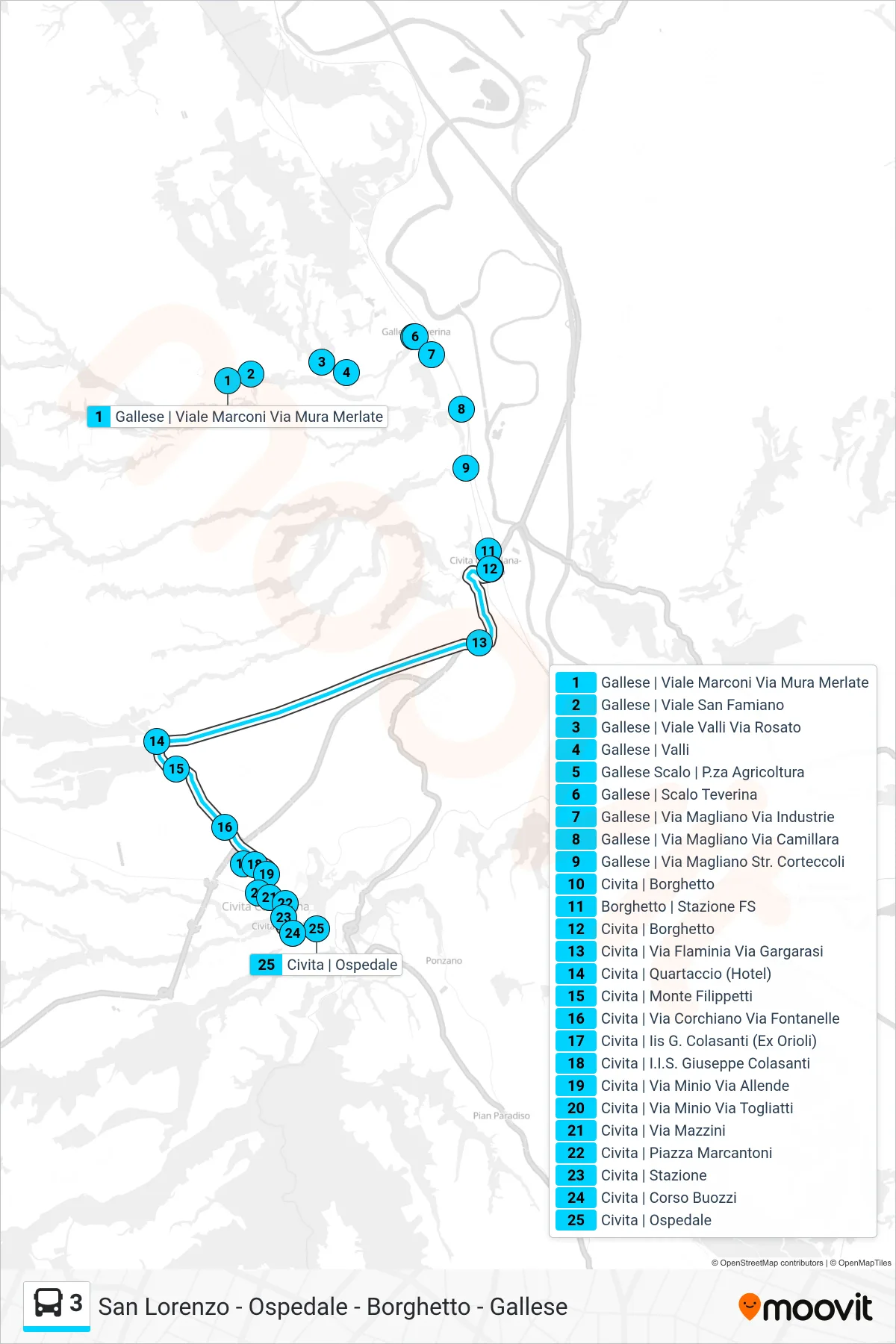 Linea 3 bus (Ospedale) - Percorsi e fermate sulla mappa