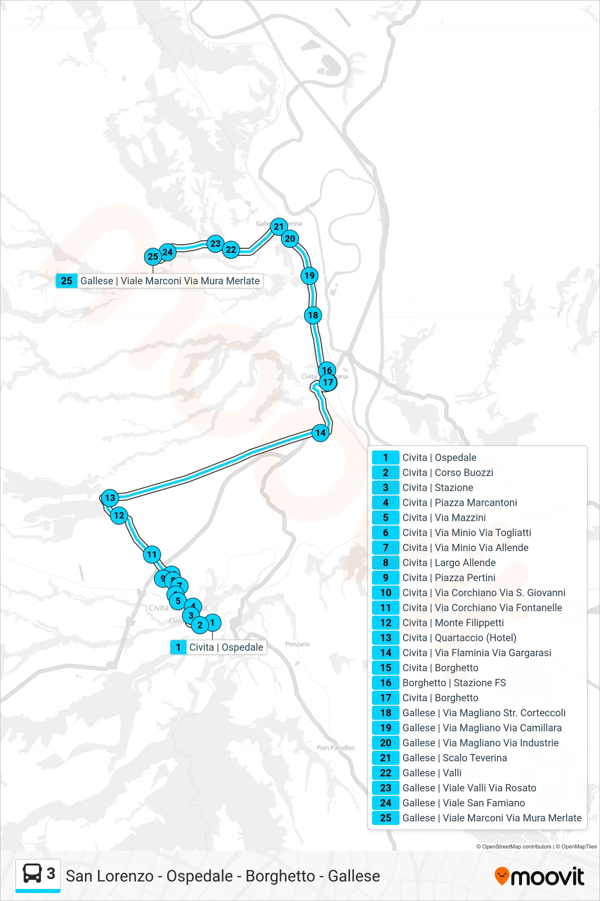 Linea 3 bus (Gallese) - Percorsi e fermate sulla mappa