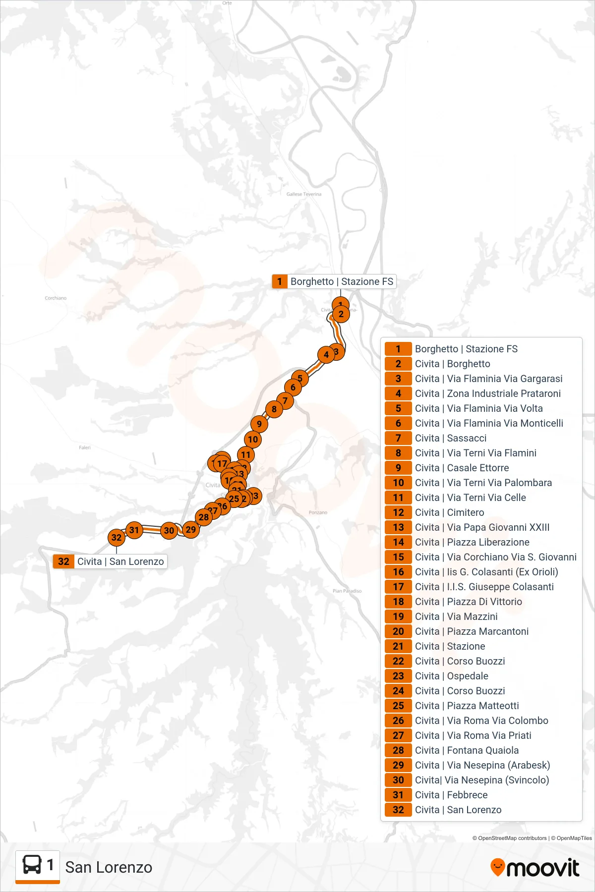 1 bus Line (San Lorenzo) route and stops on a map