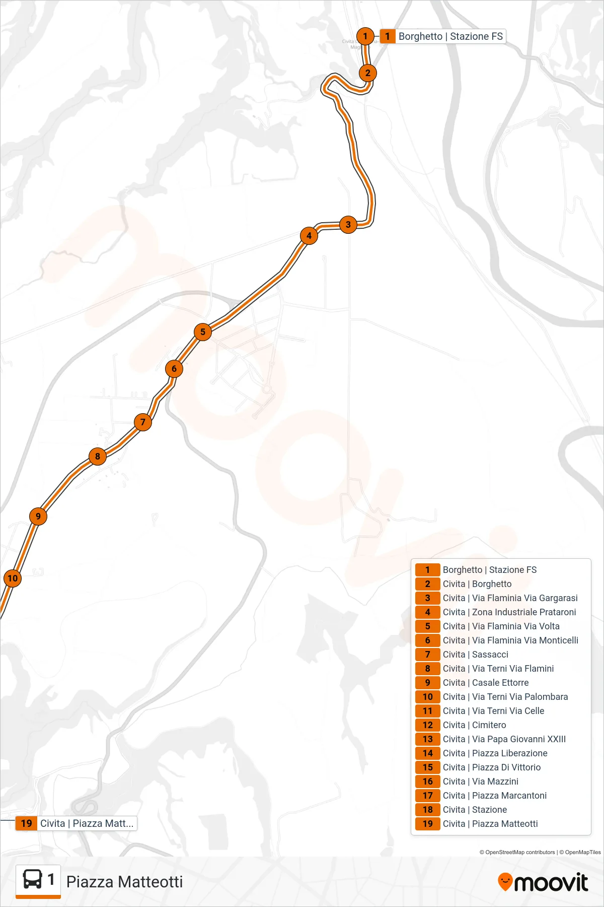 1 bus Line (Matteotti Square) route and stops on a map