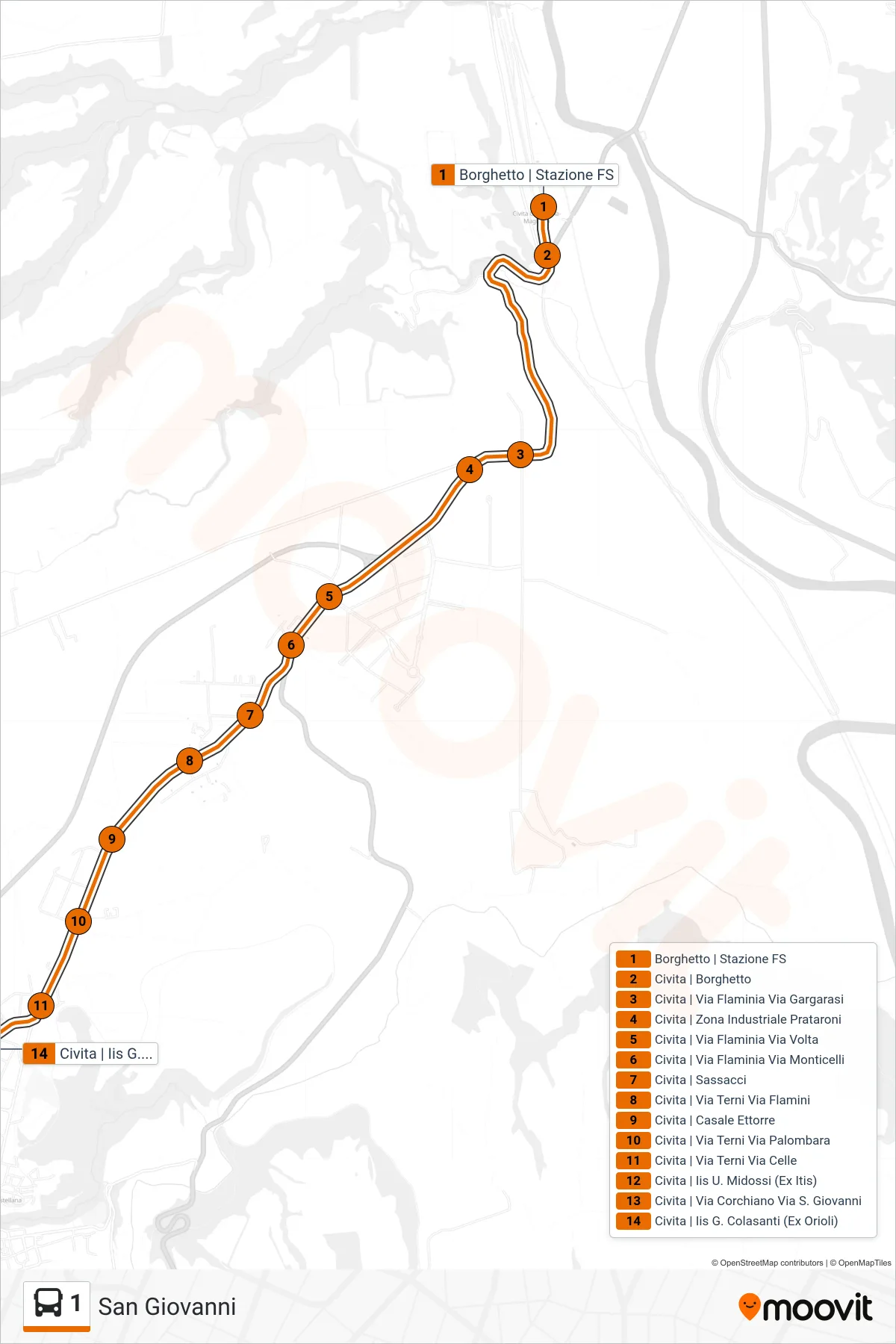 1 bus Line (San Giovanni) route and stops on a map
