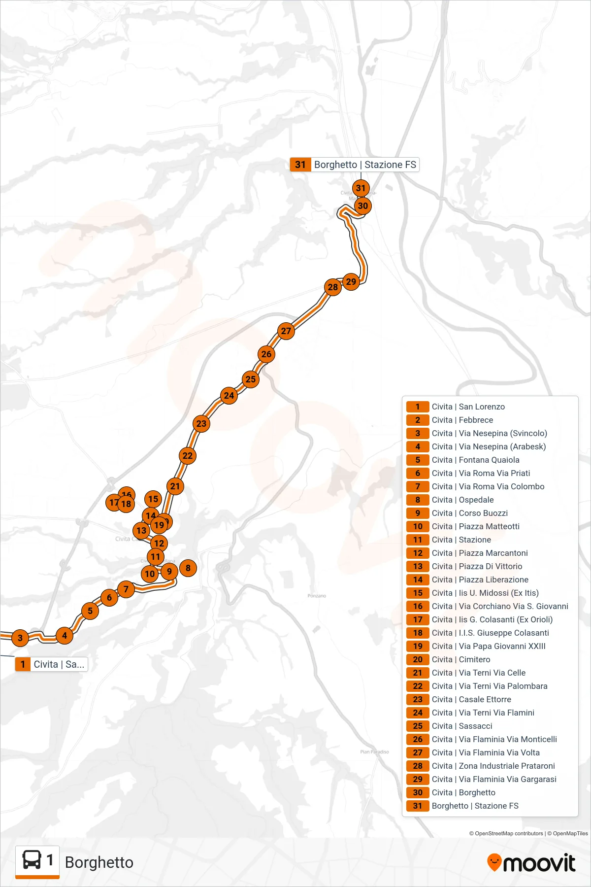 1 bus Line (Borghetto) route and stops on a map