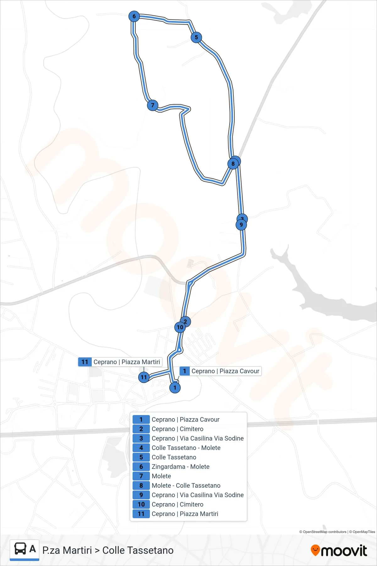 Linea A bus (P.za Martiri > Colle Tassetano) - Percorsi e fermate sulla mappa