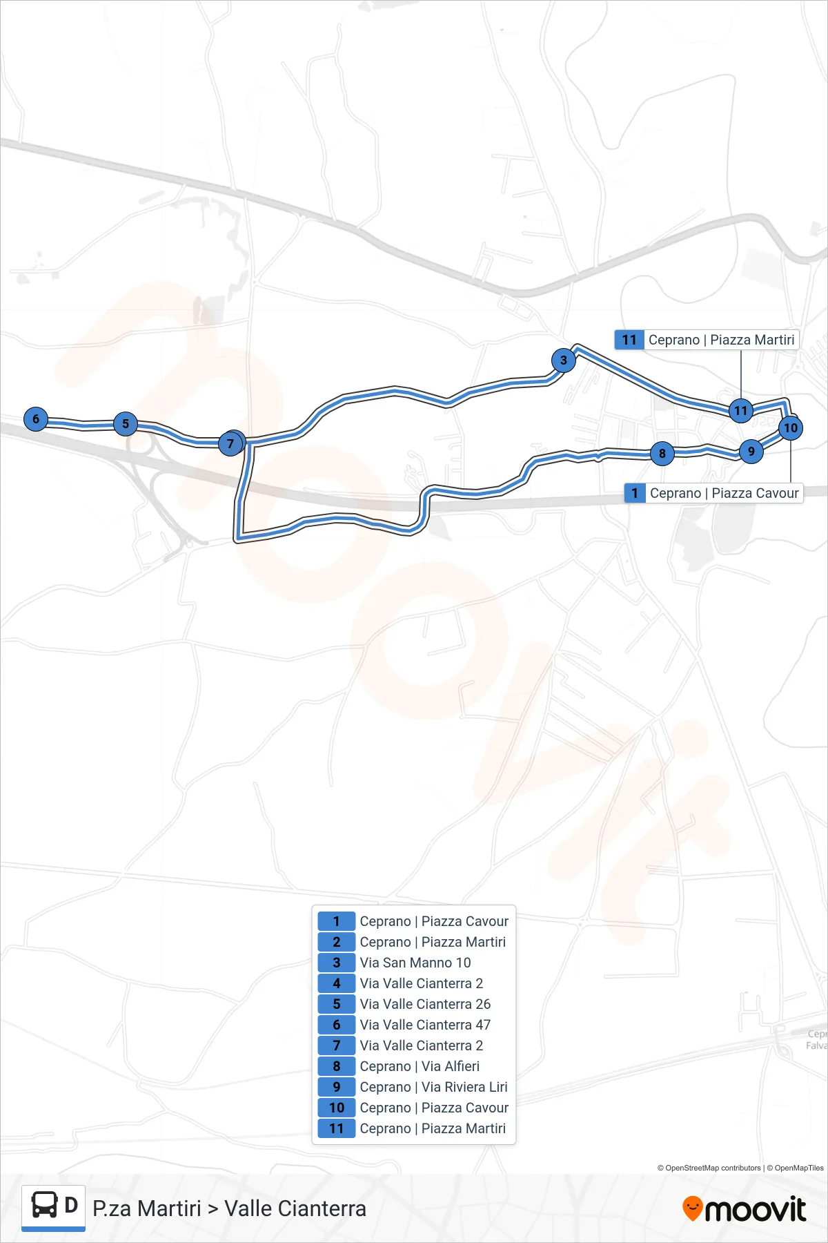 Linea D bus (P.za Martiri > Valle Cianterra) - Percorsi e fermate sulla mappa