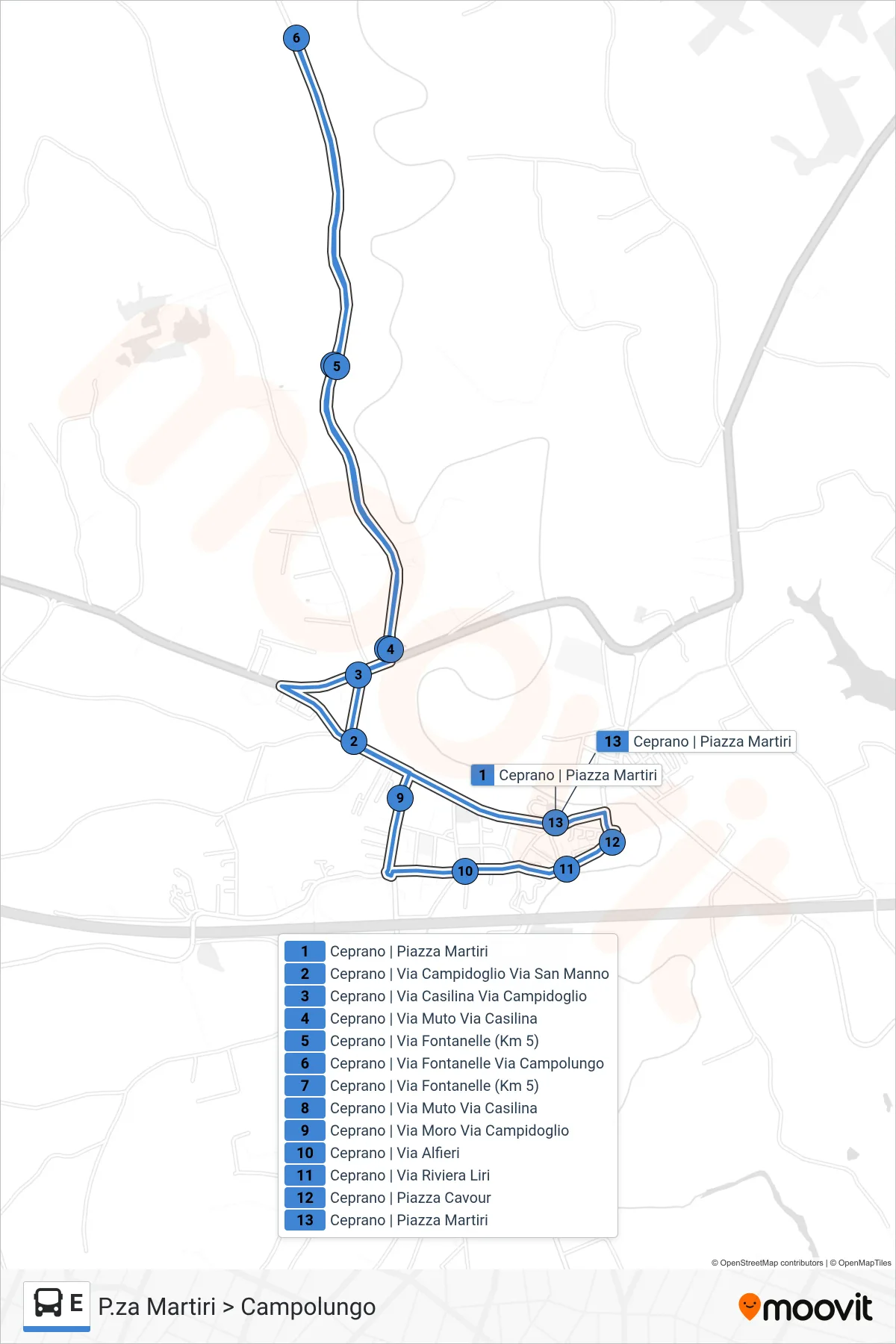 Linea E bus (P.za Martiri > Campolungo) - Percorsi e fermate sulla mappa