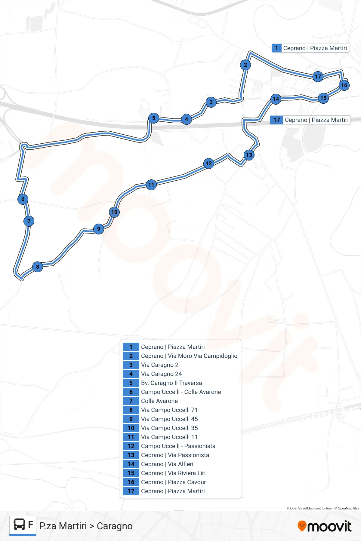 Linea F bus (P.za Martiri > Caragno) - Percorsi e fermate sulla mappa