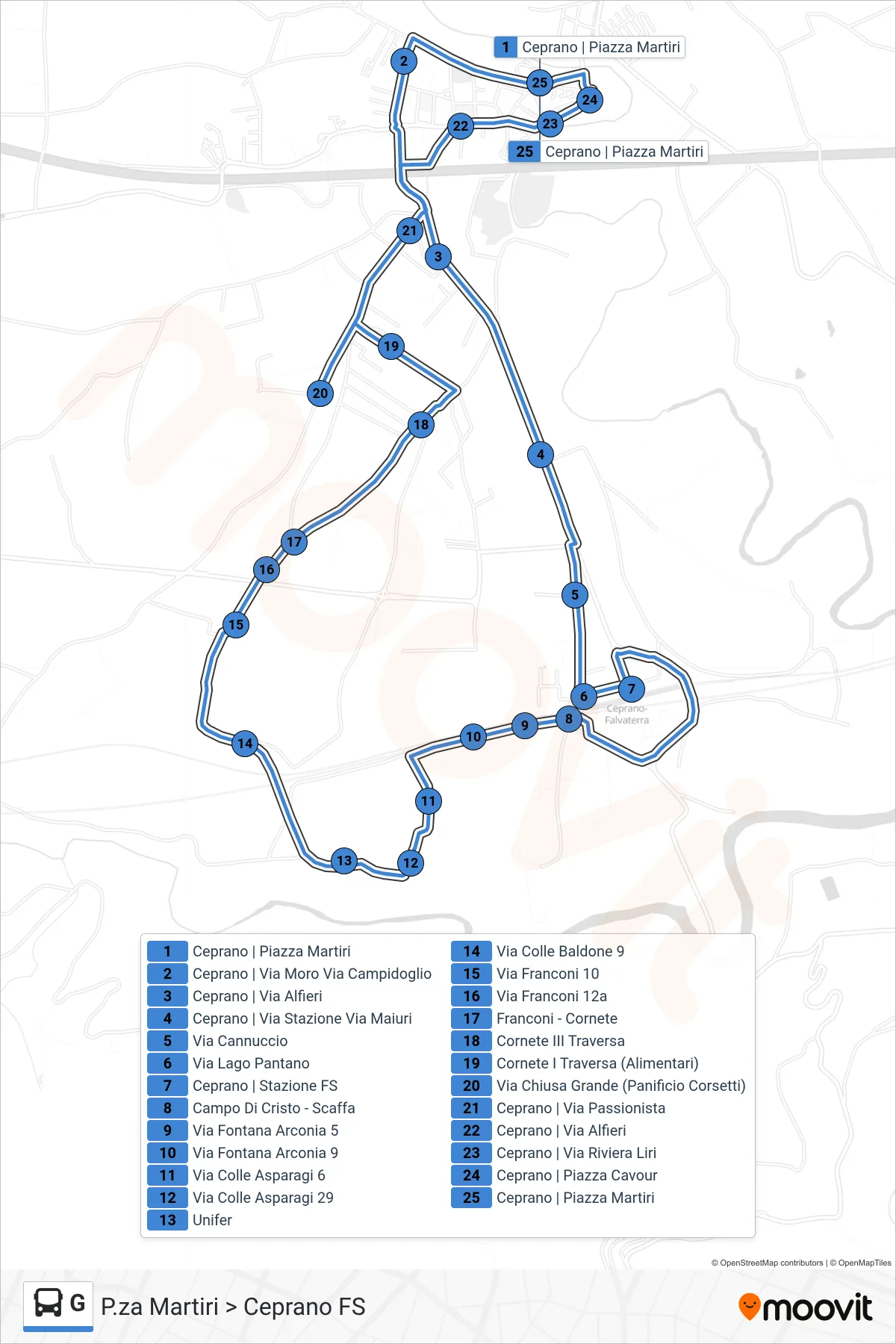 Linea G bus (P.za Martiri > Ceprano FS) - Percorsi e fermate sulla mappa