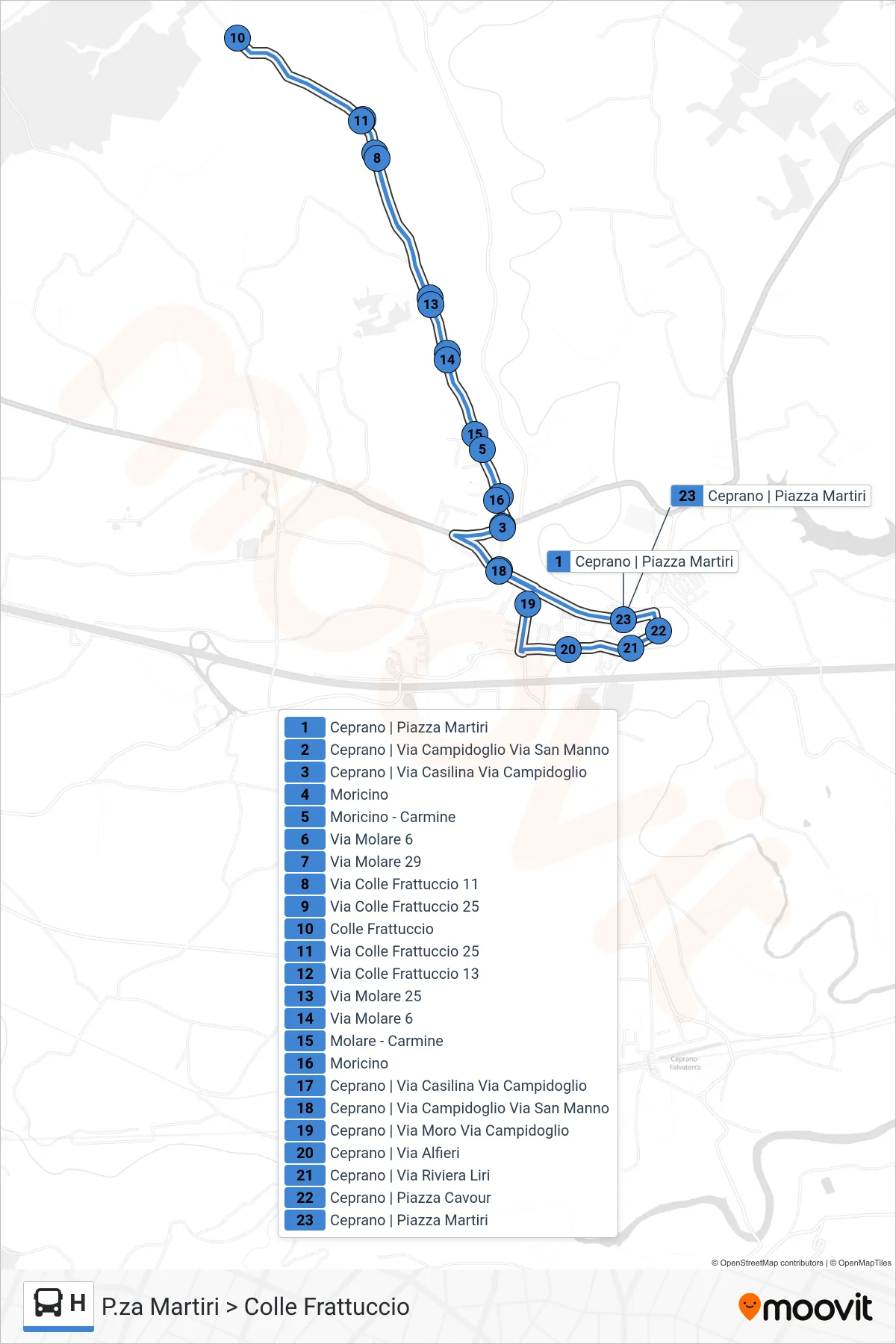 Linea H bus (P.za Martiri > Colle Frattuccio) - Percorsi e fermate sulla mappa