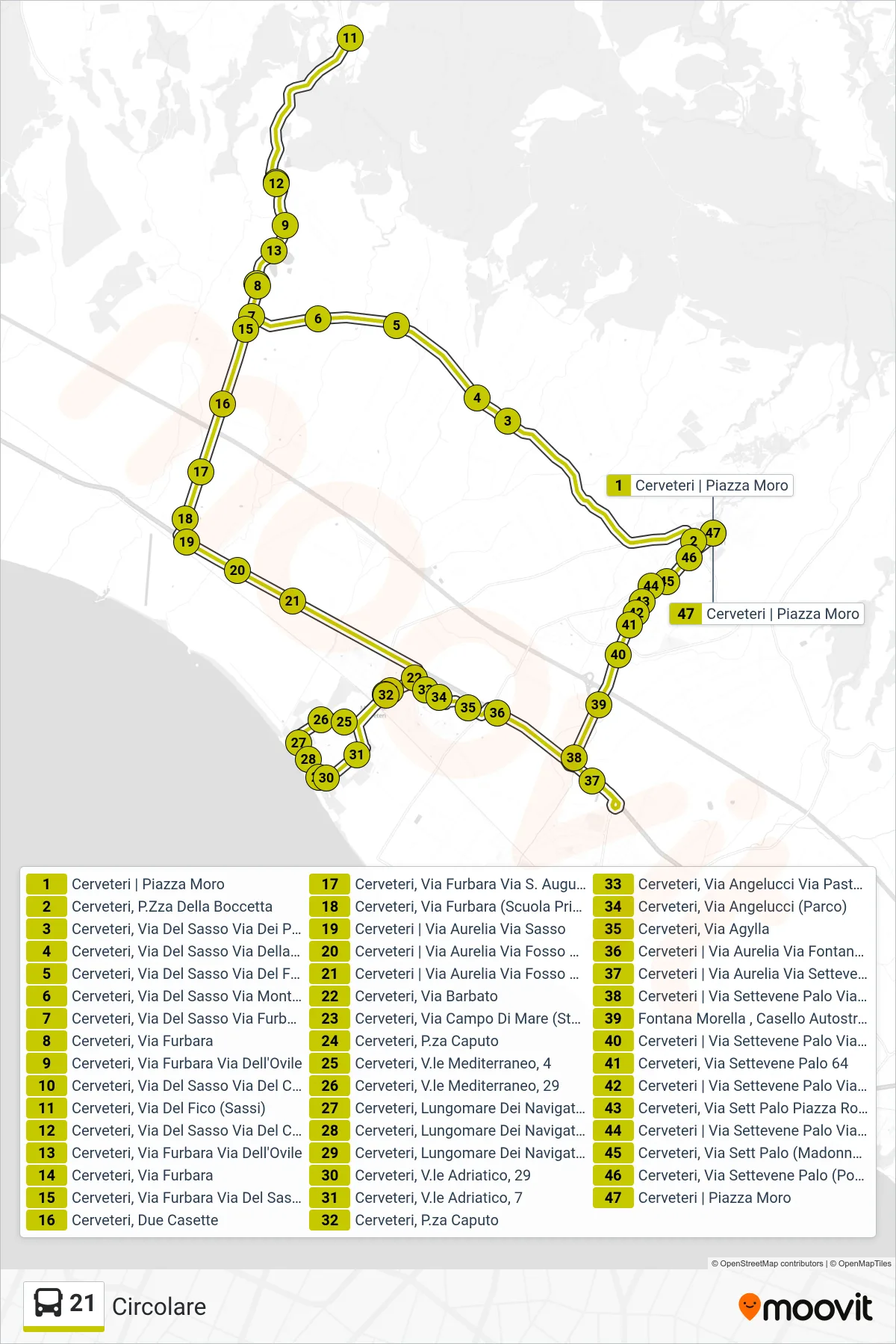 Linea 21 bus (Circolare) - Percorsi e fermate sulla mappa