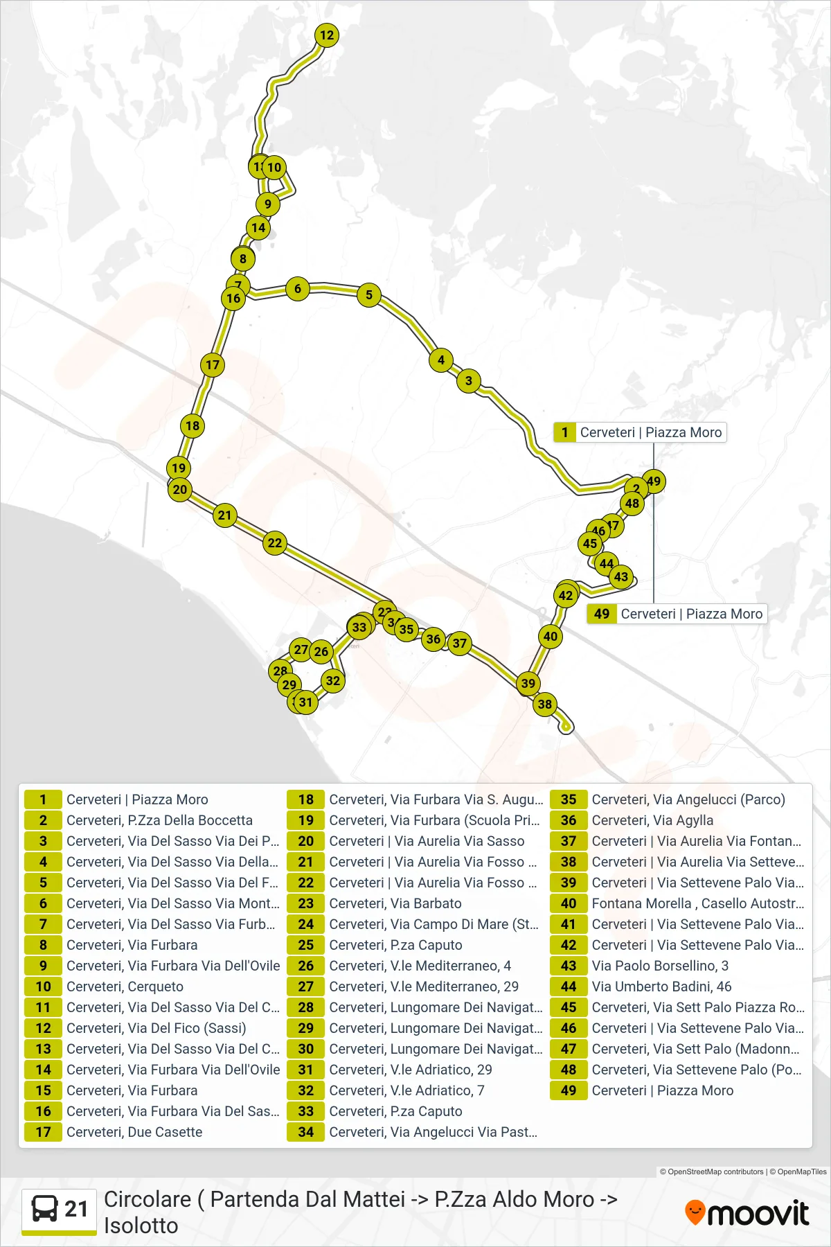 Linea 21 bus (Circolare ( Partenda Dal Mattei -> P.Zza Aldo Moro -> Isolotto) - Percorsi e fermate sulla mappa