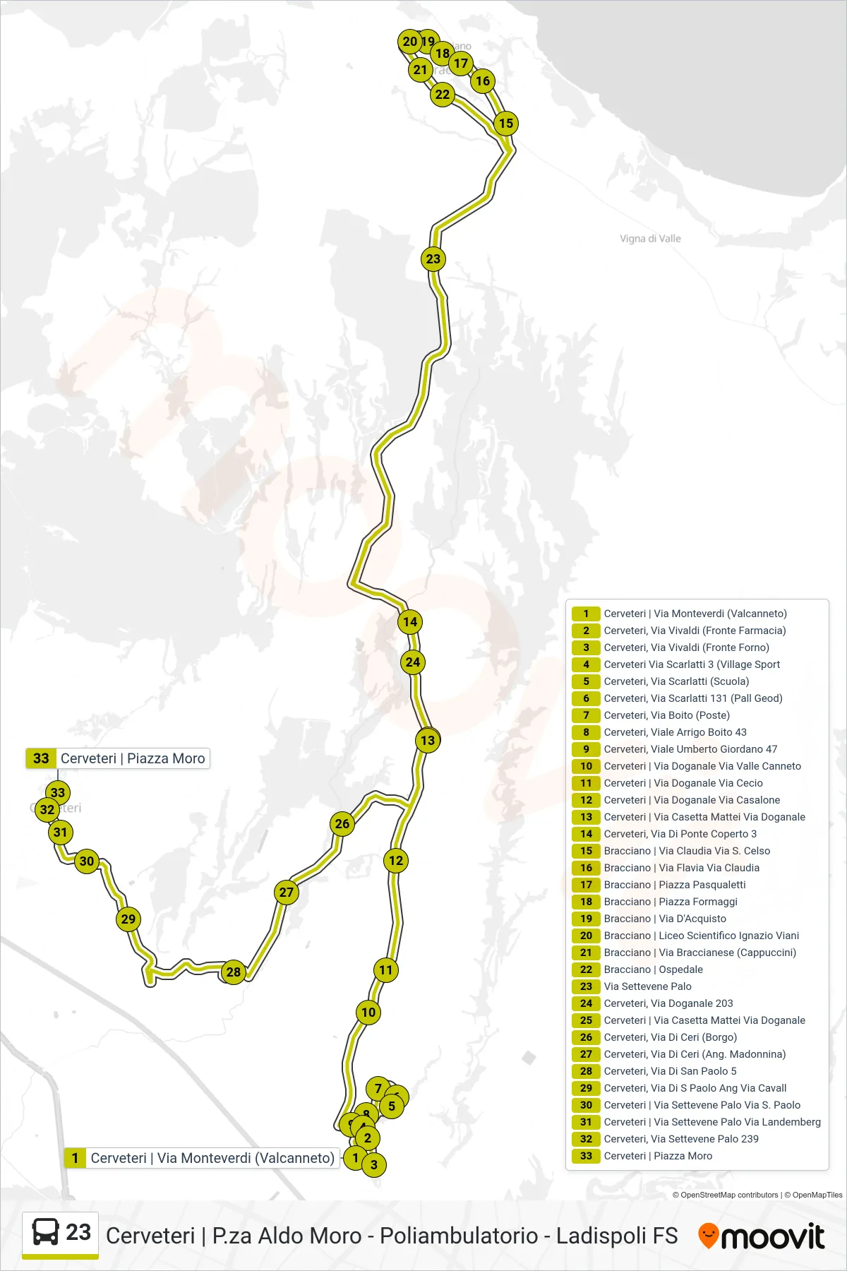 23 bus Line (Circular (-> Bracciano)) route and stops on a map