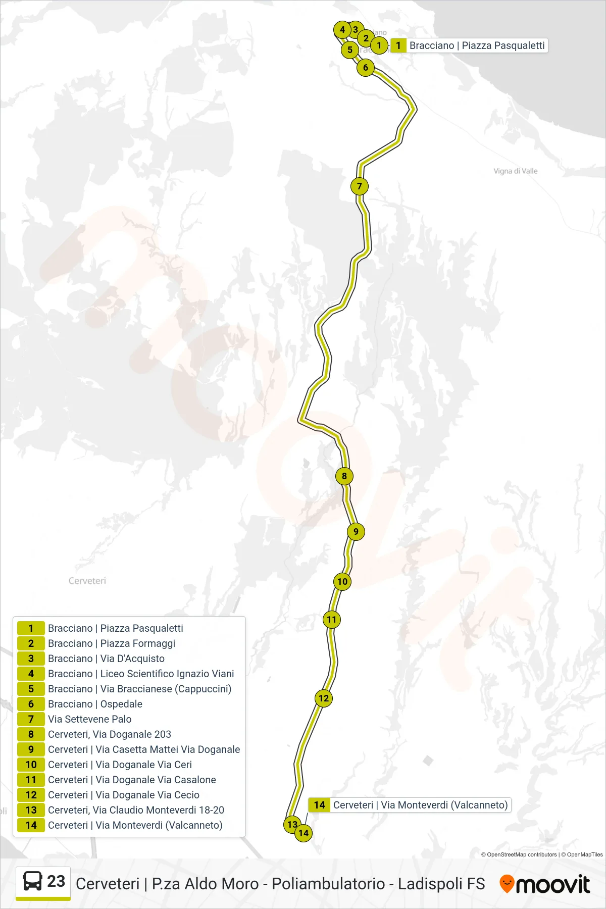 23 bus Line (Bracciano - Valcanneto) route and stops on a map