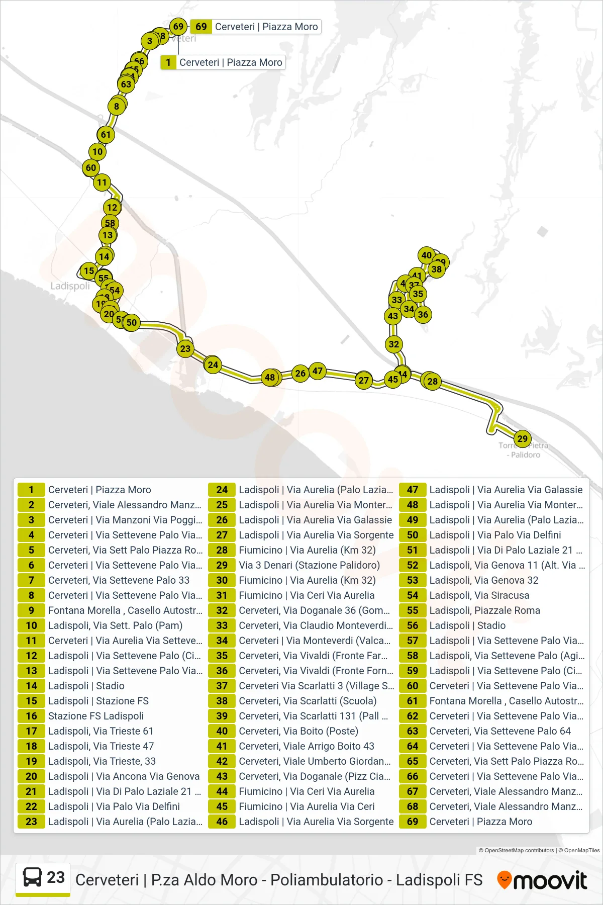 Linea 23 bus (Circolare (-> Palidoro FS - Valcanneto)) - Percorsi e fermate sulla mappa