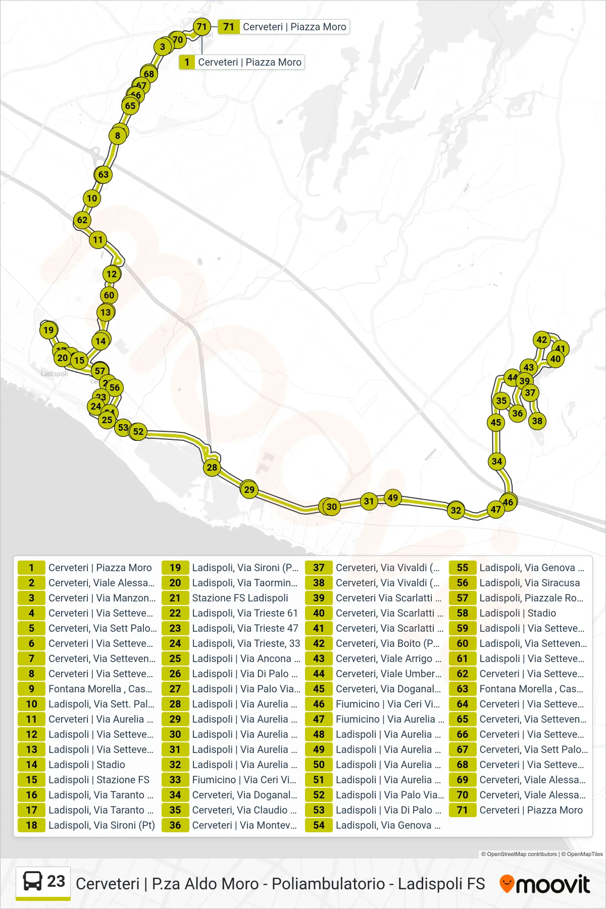 23 bus Line (Circular (to Post Office Outbound)) route and stops on a map