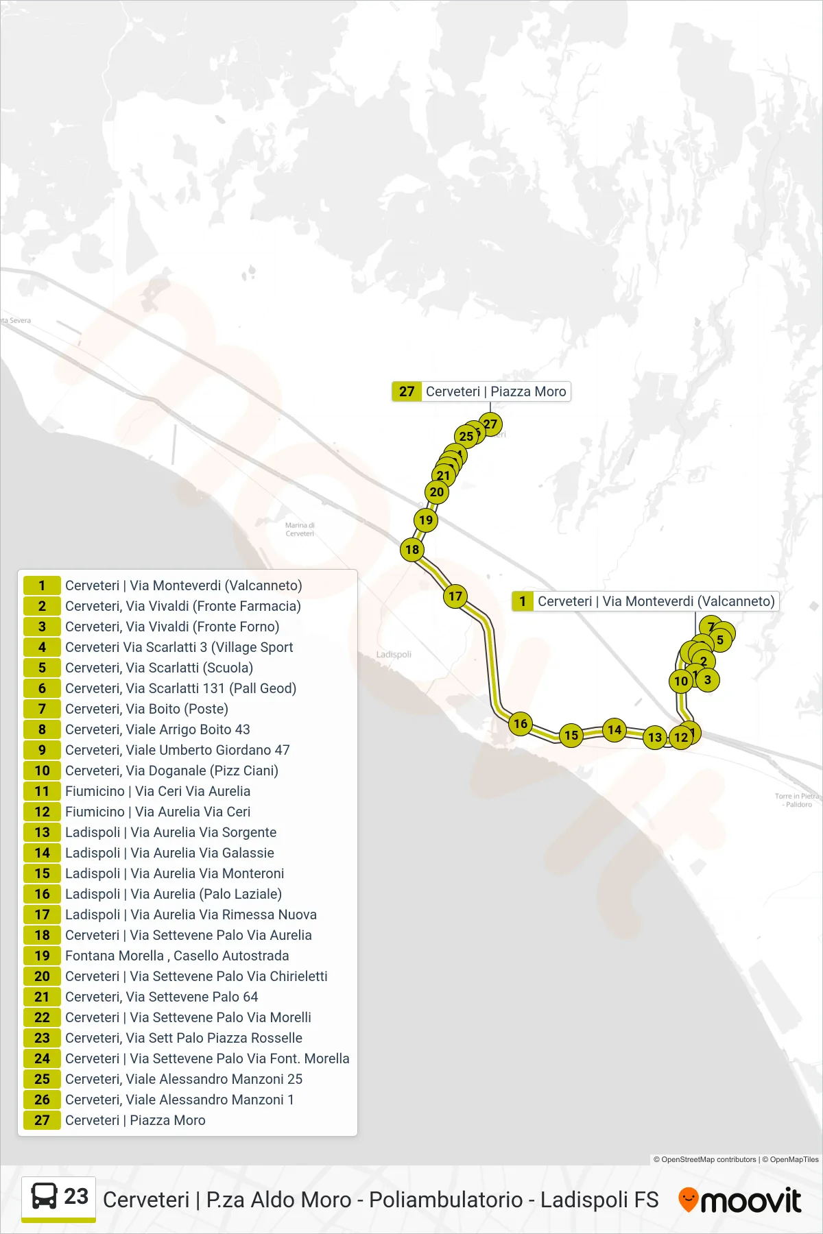 Linea 23 bus (Valcanneto - Piazza Aldo Moro) - Percorsi e fermate sulla mappa