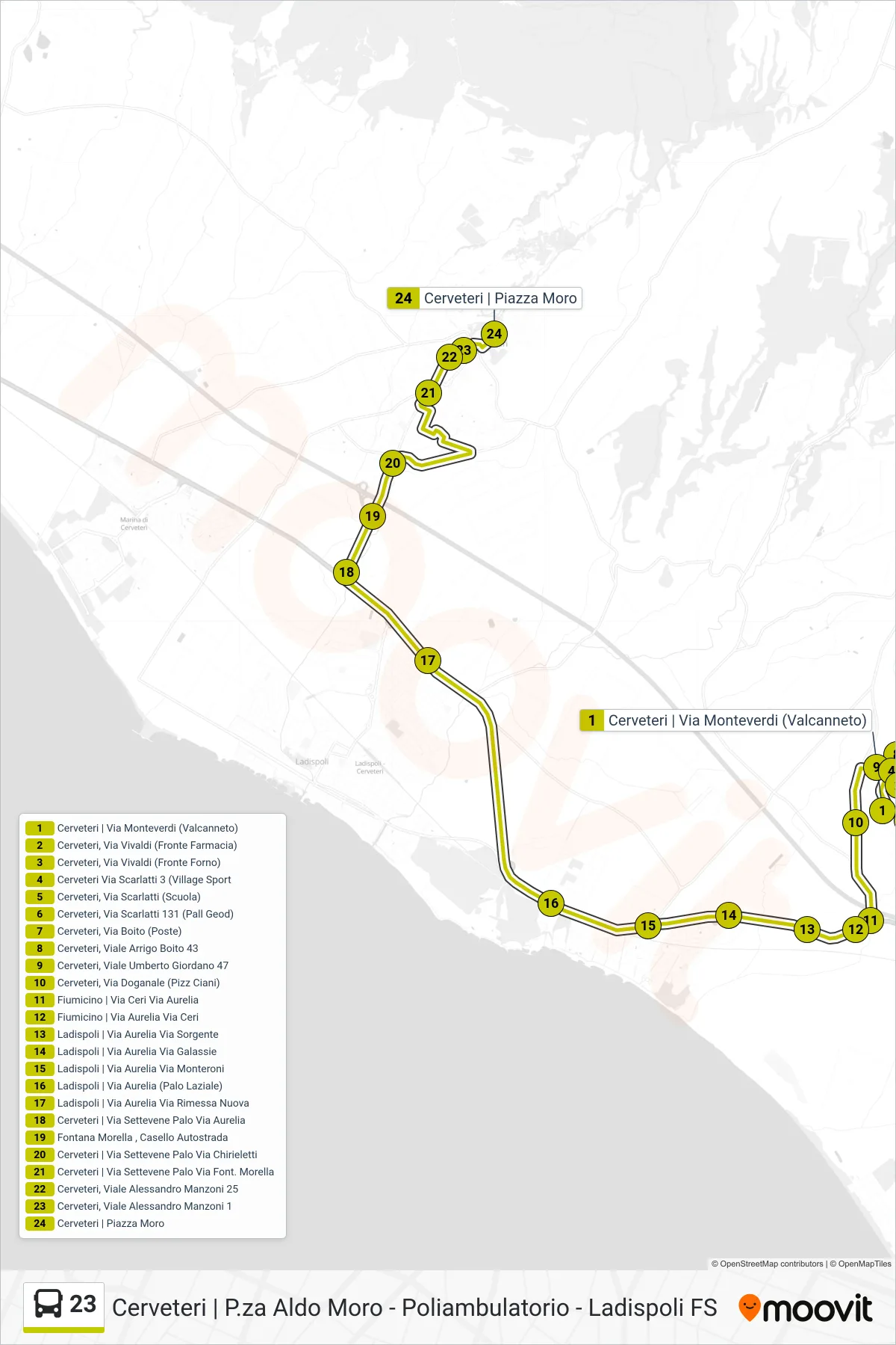 23 bus Line (Valcanneto - Aldo Moro Square (to Isis Enrico Mattei)) route and stops on a map
