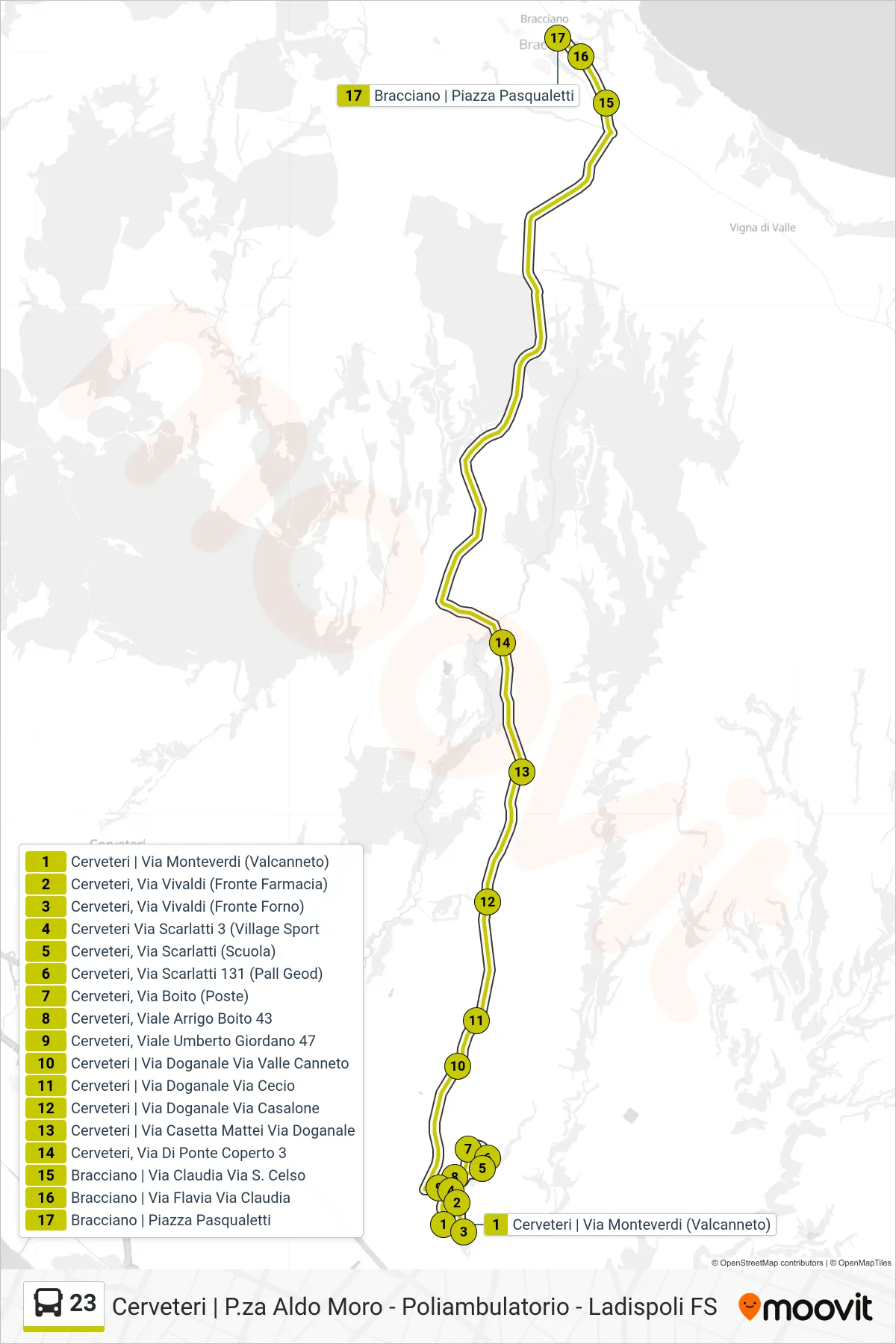 Linea 23 bus (Valcanneto - Bracciano) - Percorsi e fermate sulla mappa