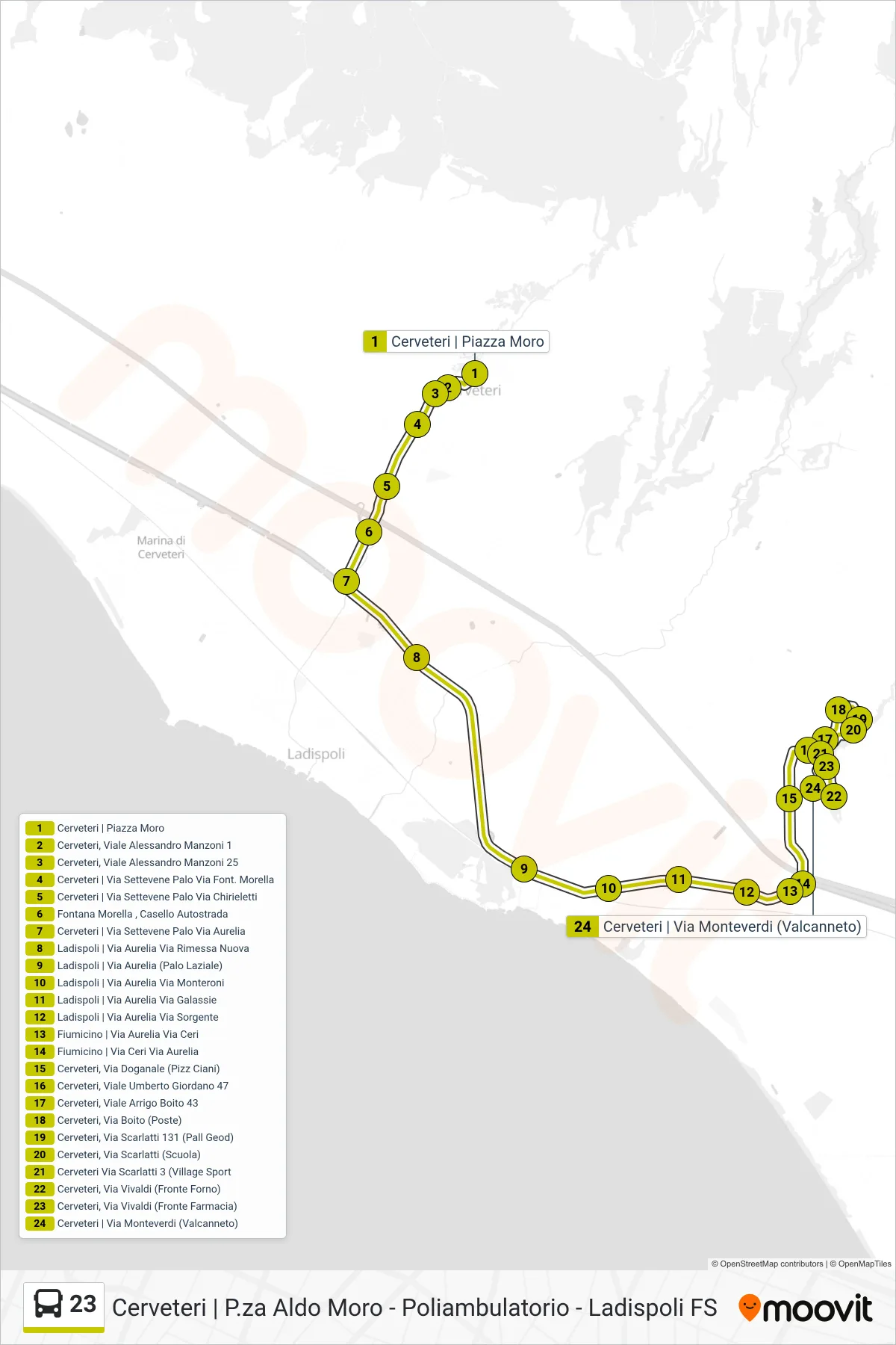 23 bus Line (Aldo Moro Square - Valcanneto) route and stops on a map
