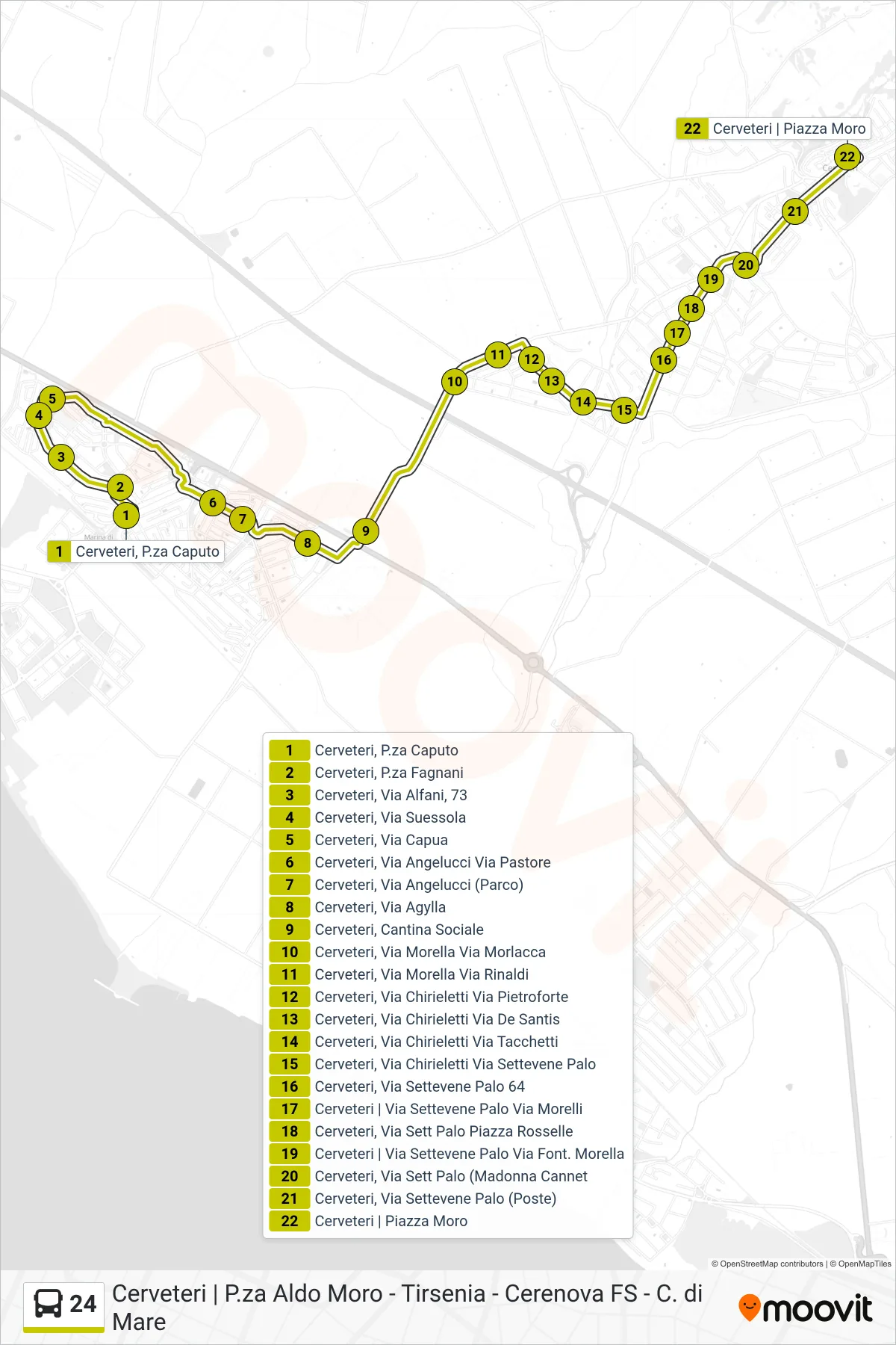 24 bus Line (Cerenova Railway Station - Piazza Aldo Moro) route and stops on a map