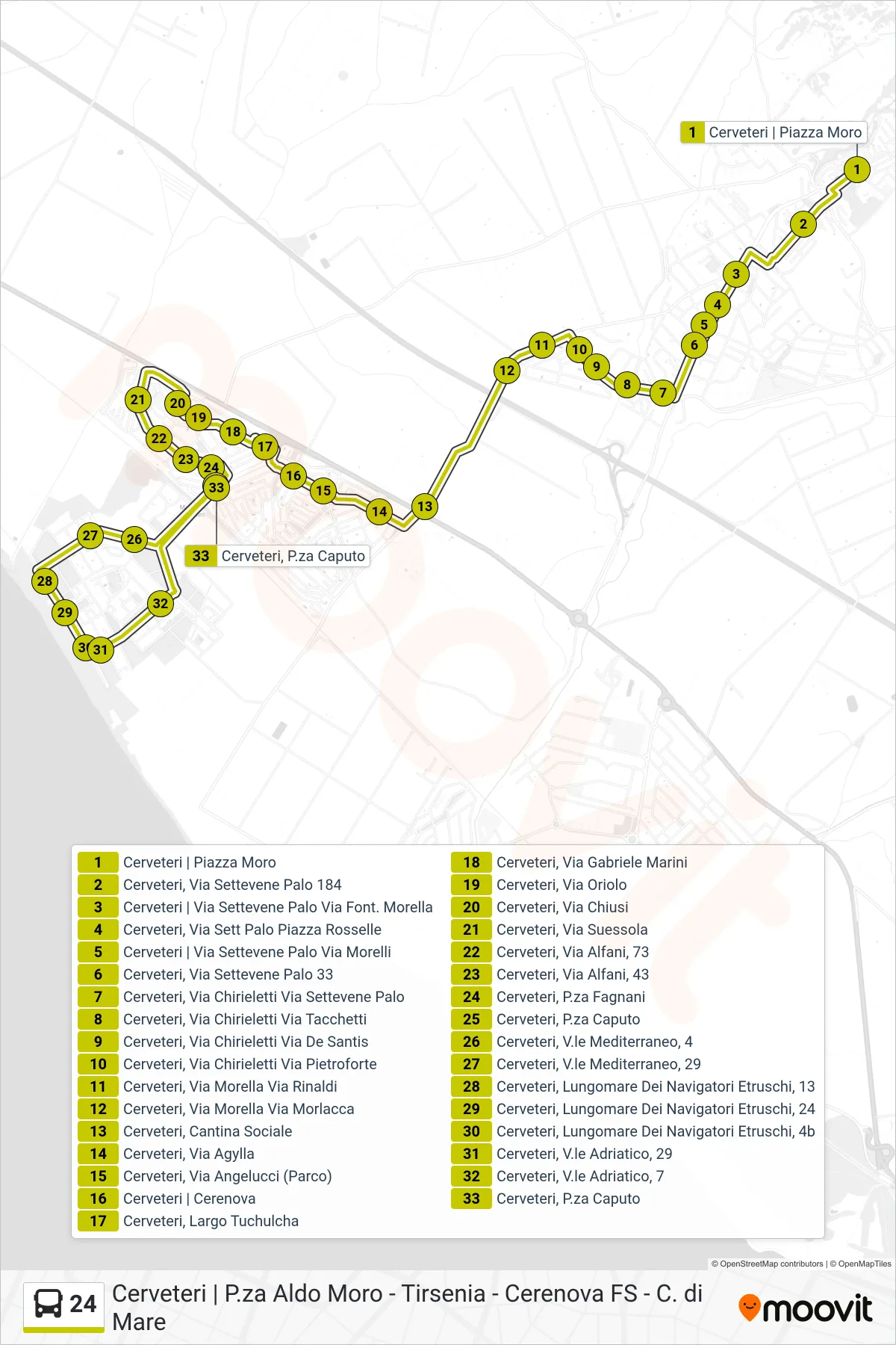 24 bus Line (Aldo Moro Square - Cerenova Station) route and stops on a map