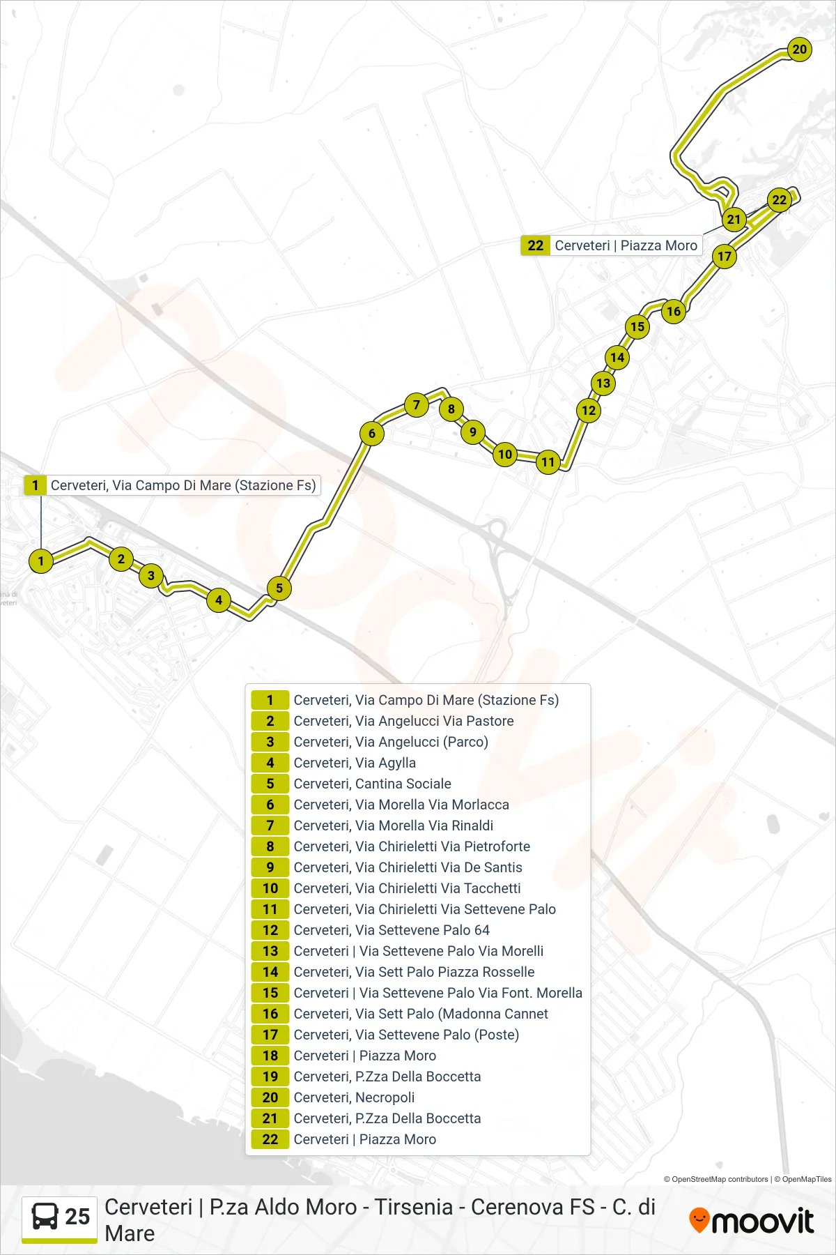 Linea 25 bus (Cerenova - Piazza Aldo Moro (Necropoli Etrusca)) - Percorsi e fermate sulla mappa