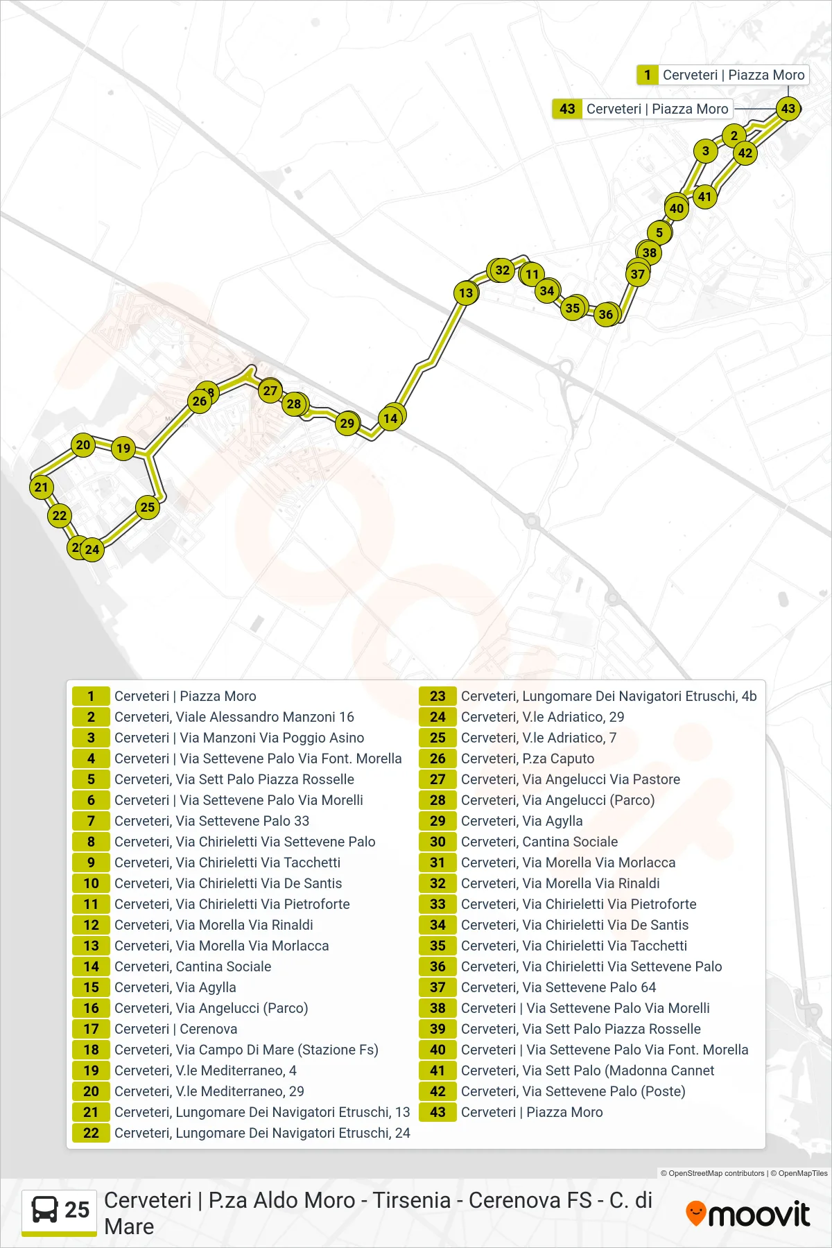 25 bus Line (Piazza Aldo Moro to Cerenova to Piazza Aldo Moro) route and stops on a map